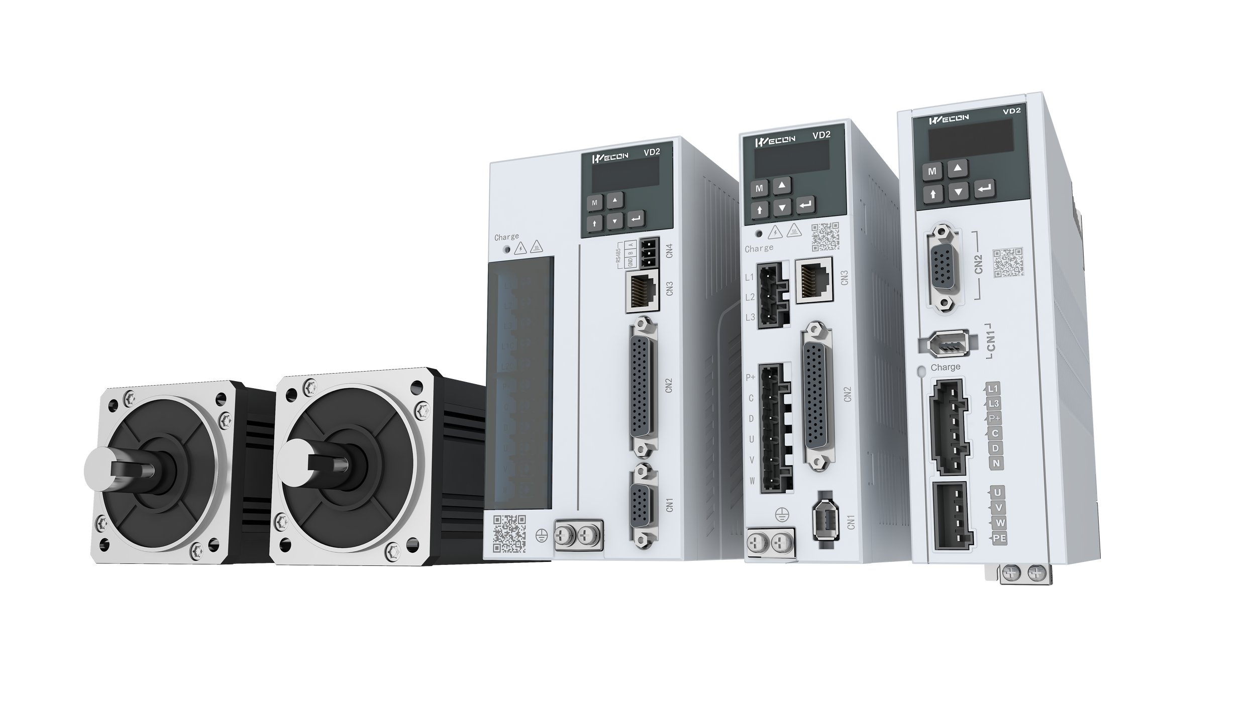 Multiple industrial electronic components, including motors and control modules, arranged in a row with detailed ports and interfaces visible.