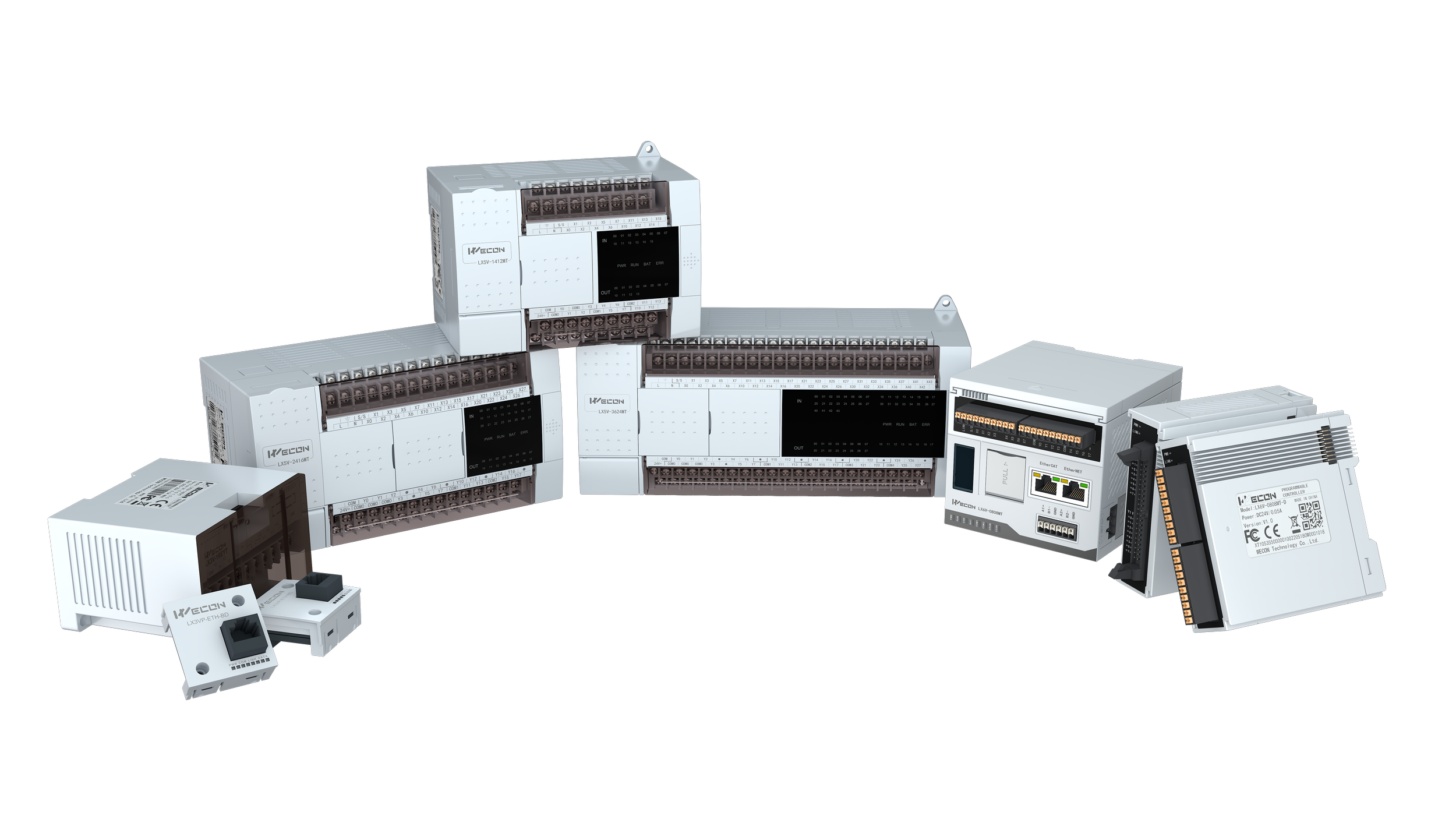 Collection of industrial electronic control components, including relays, modules, and controllers, against a black background.