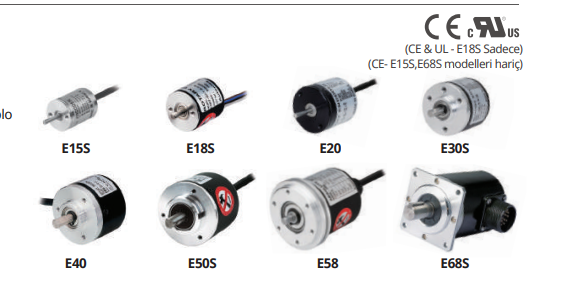 Collection of small electric motors labeled E15S, E18S, E20, E30S, E40, E50S, E58, and E68S.