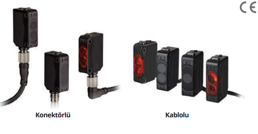 Multiple industrial sensors and speakers, some connected with cables, labeled in Turkish as 'Konnektörlü' and 'Kablosuz'.