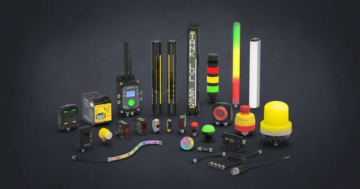 Collection of industrial automation and control sensors, indicators, and devices on a black background.