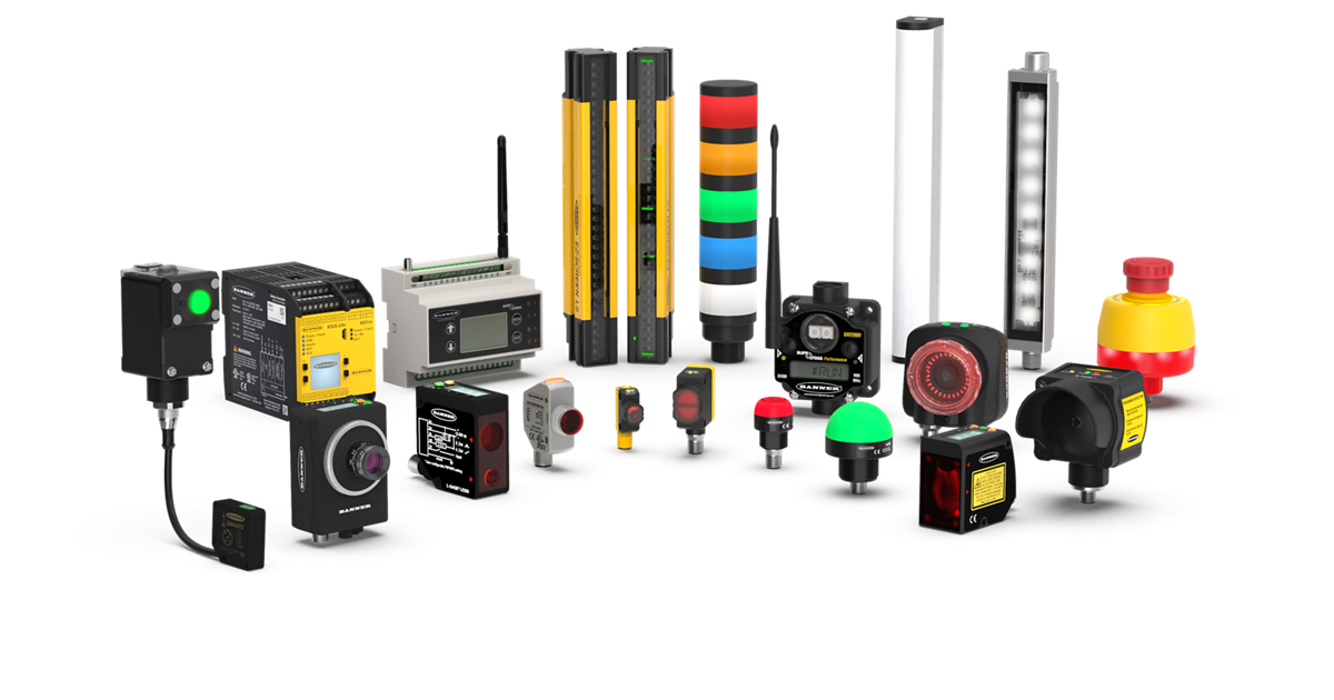 Collection of industrial automation sensors, control devices, and indicator lights on a white background.