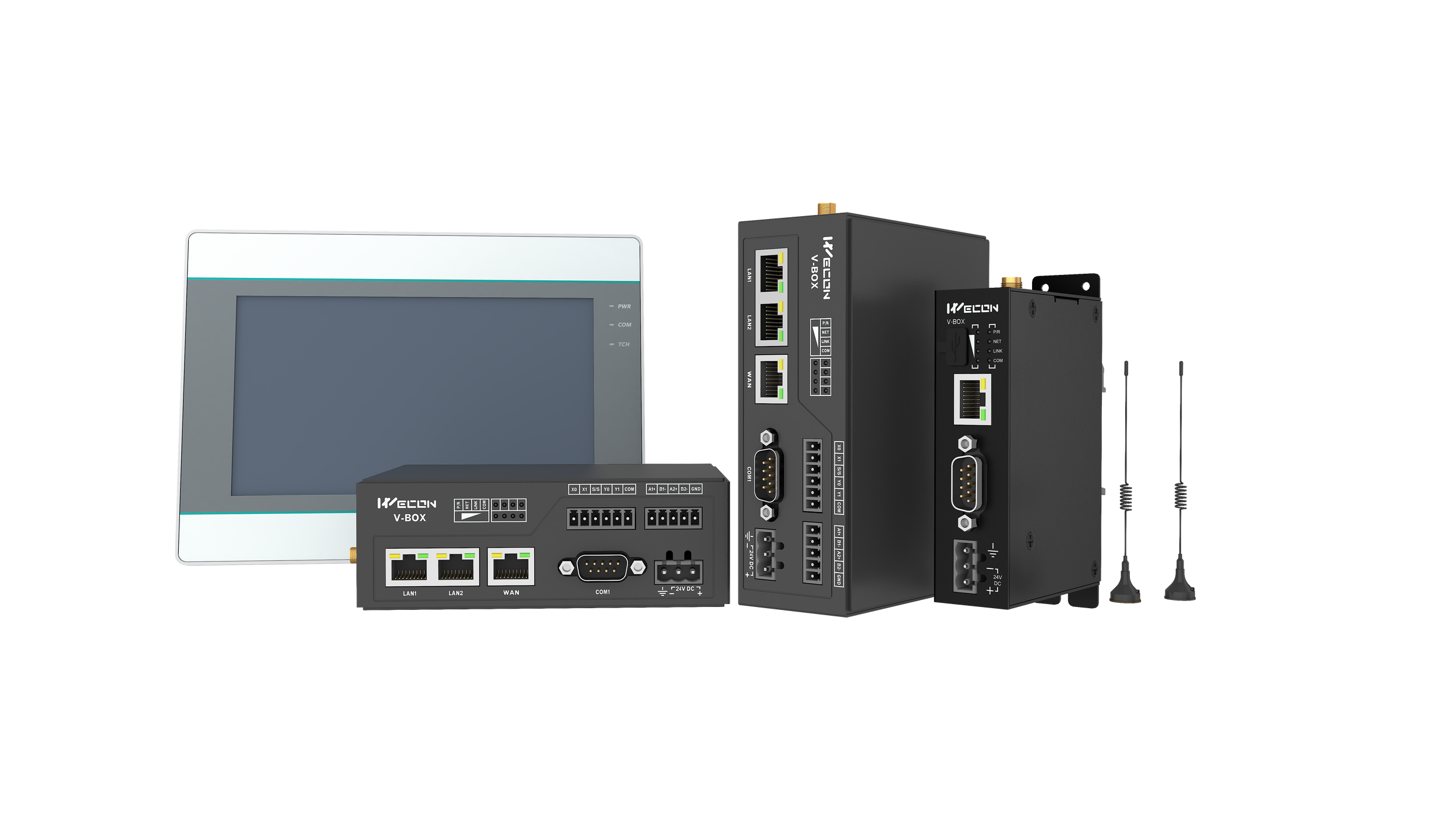 Electrical devices and controllers from Wecon, including a touchscreen panel, a small black box with multiple ports, and a larger black enclosure with various connectors and ports, arranged on a black background.