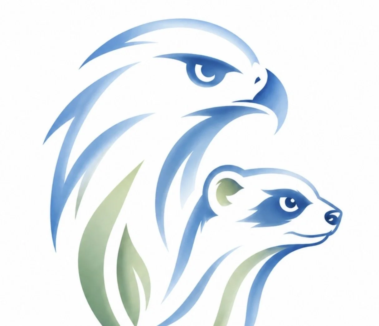 Disegno stilizzato di un'aquila e un procione in tonalità di blu e verde.