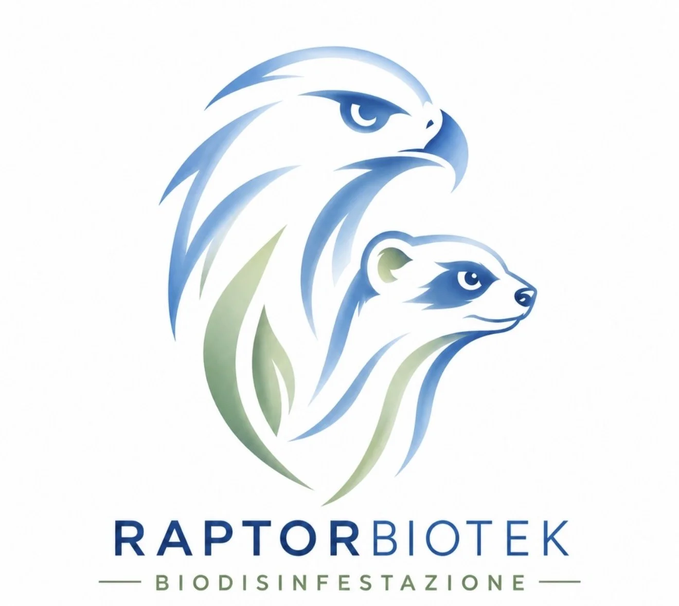 Logo di due volatili stilizzati, un'aquila e una puzzola, con colori blu e verdi, con la scritta 'Raptor Biotek' e il sottotitolo 'Biodisinfestazione'.