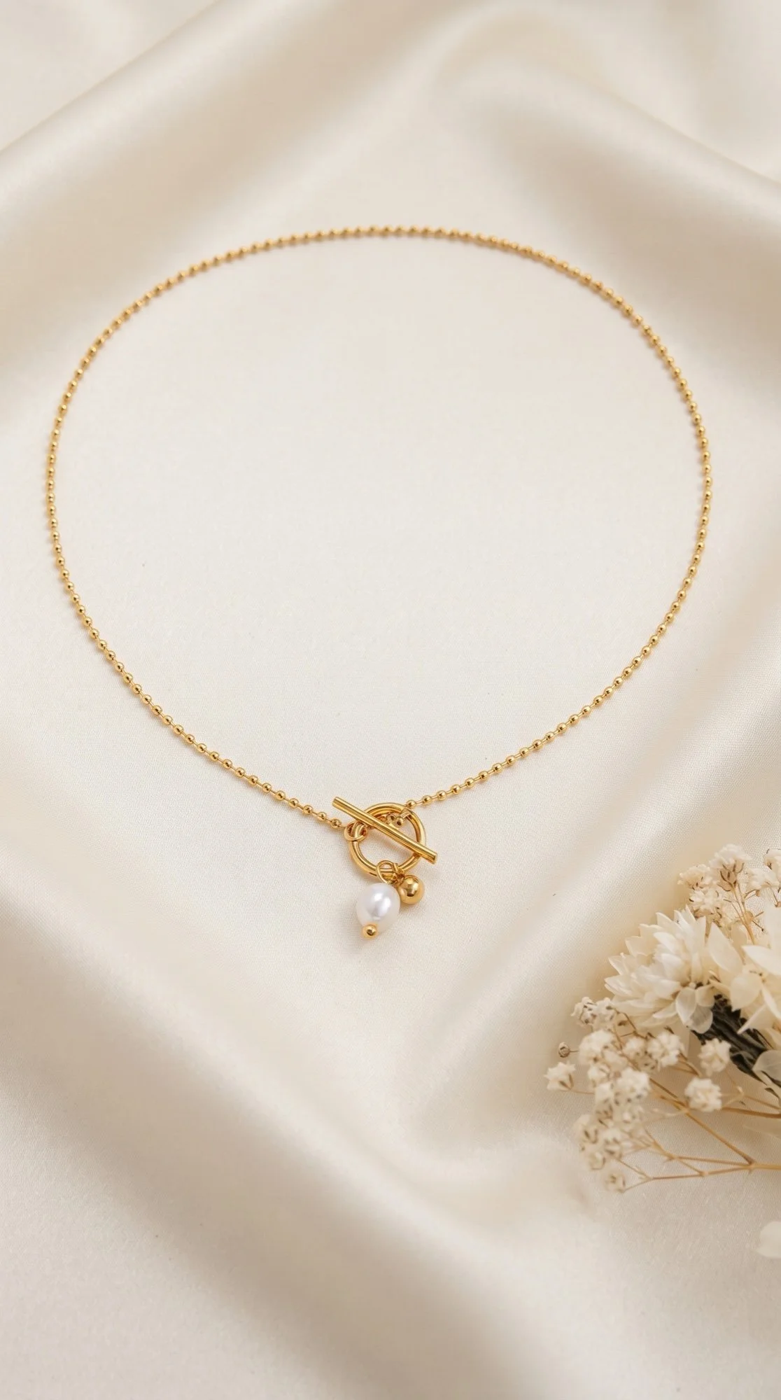 Gold Ball Chain Toggle Necklace with Glass Pearl