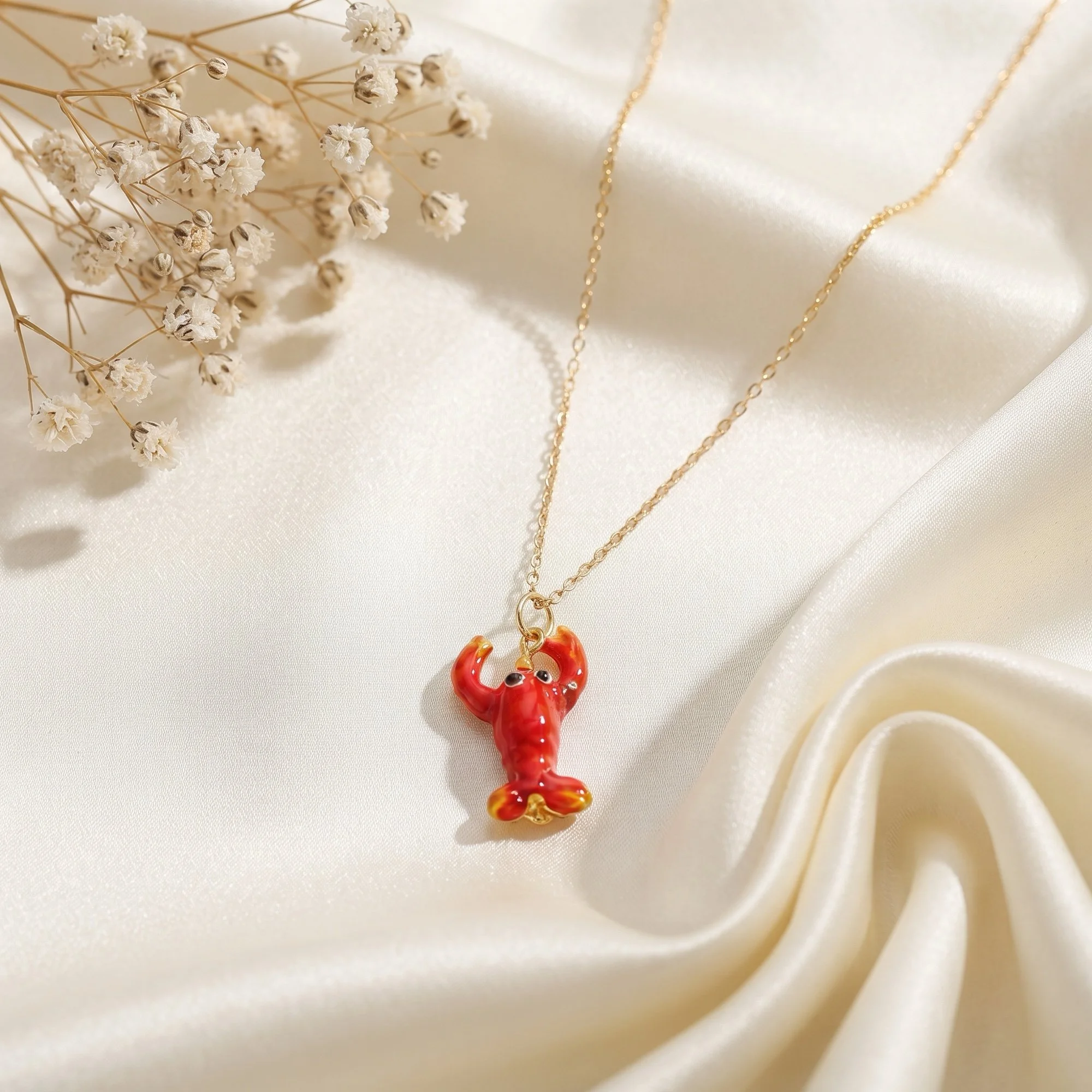 Gold Red Enamel Lobster Pendant Necklace