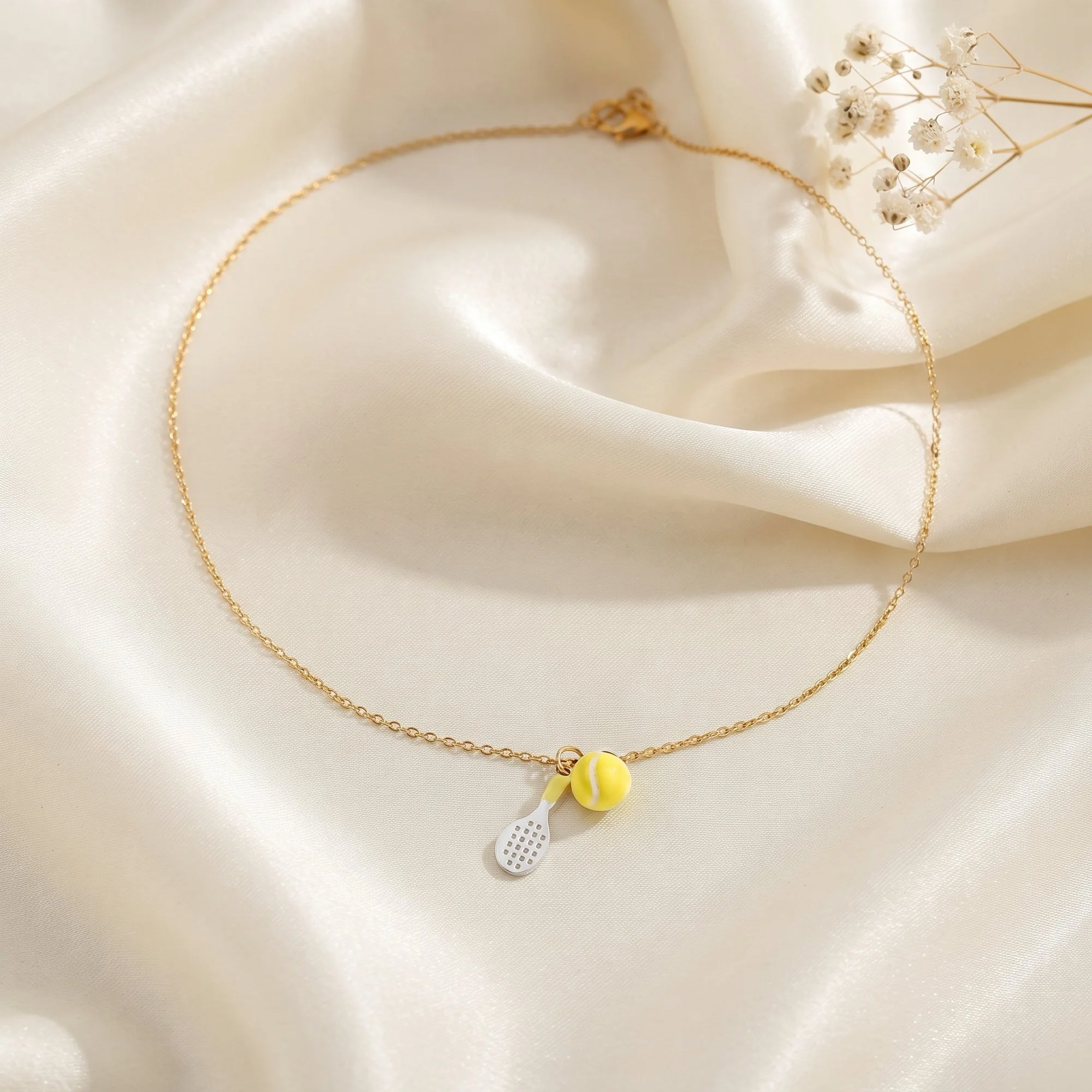Gold Tennis Ball and Racket Charm Necklace