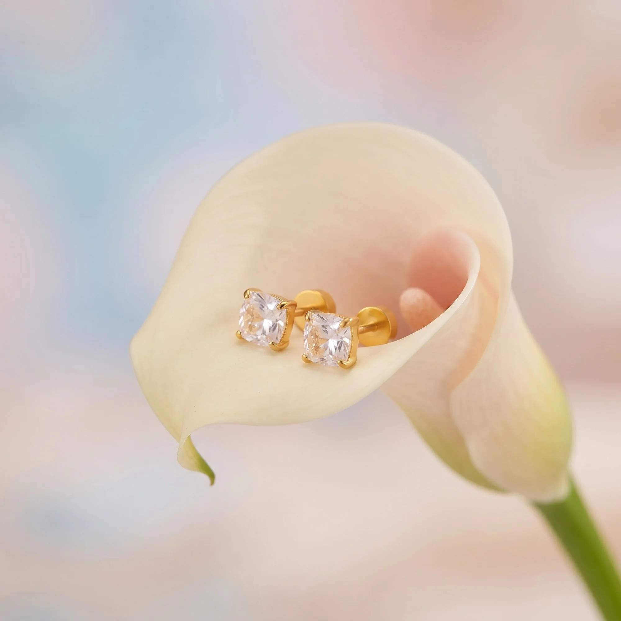 Gold Square Cubic Zirconia Flat Back Stud Earrings