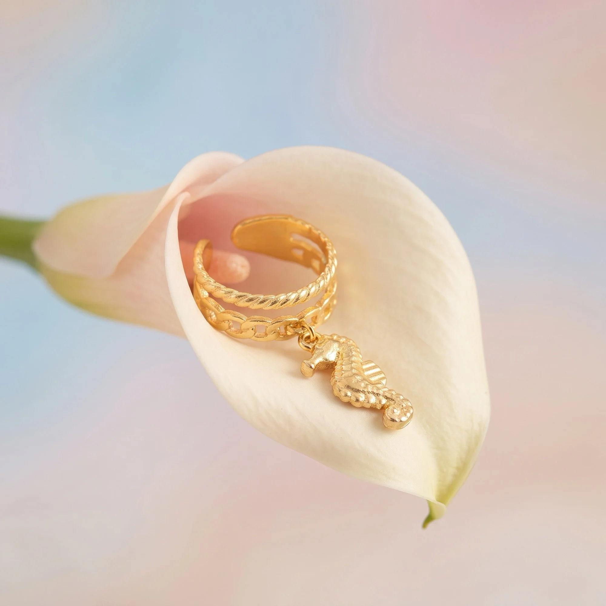 Gold Textured Band Ring with Seahorse Charm, Adjustable