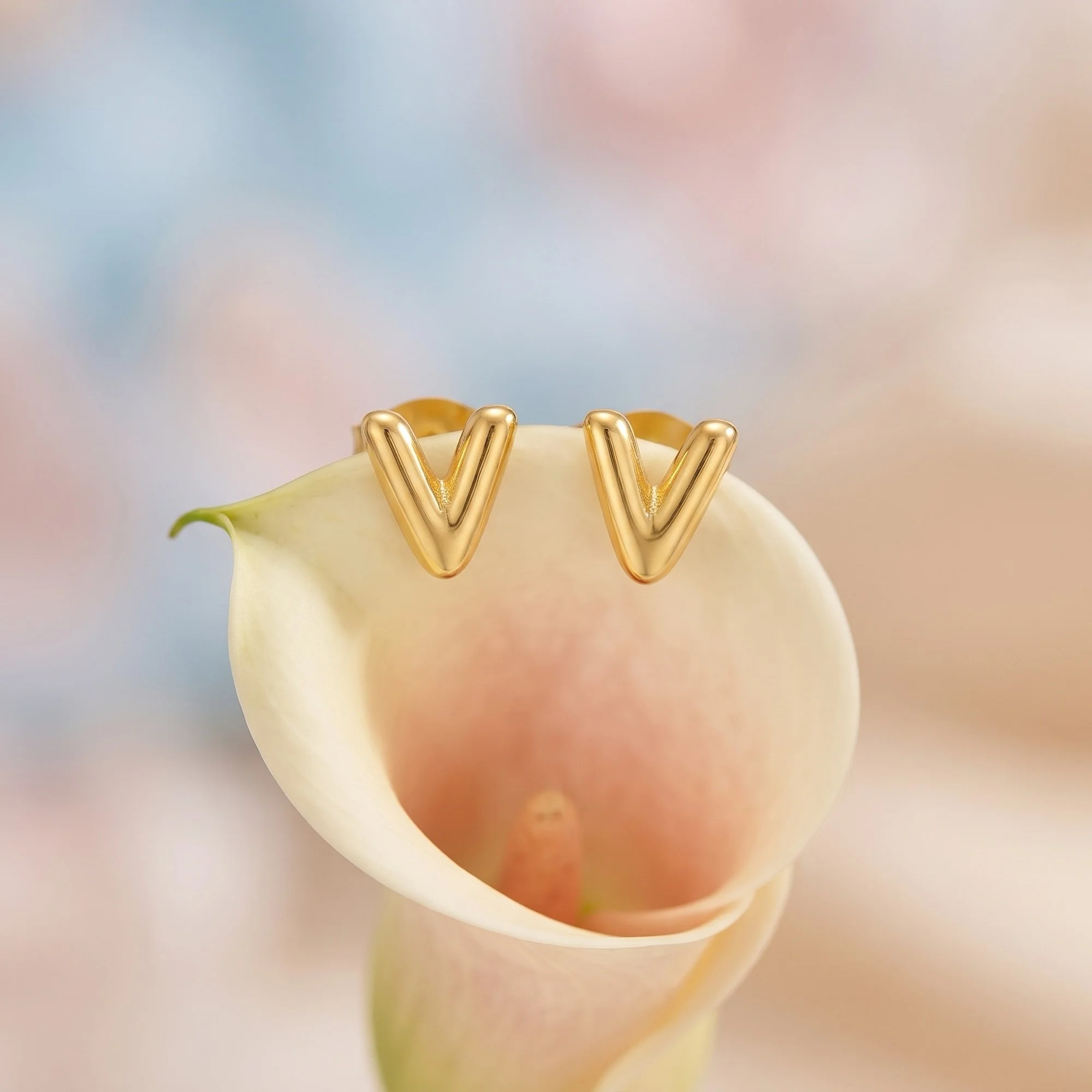 Gold Balloon Letter V Initial Stud Earrings