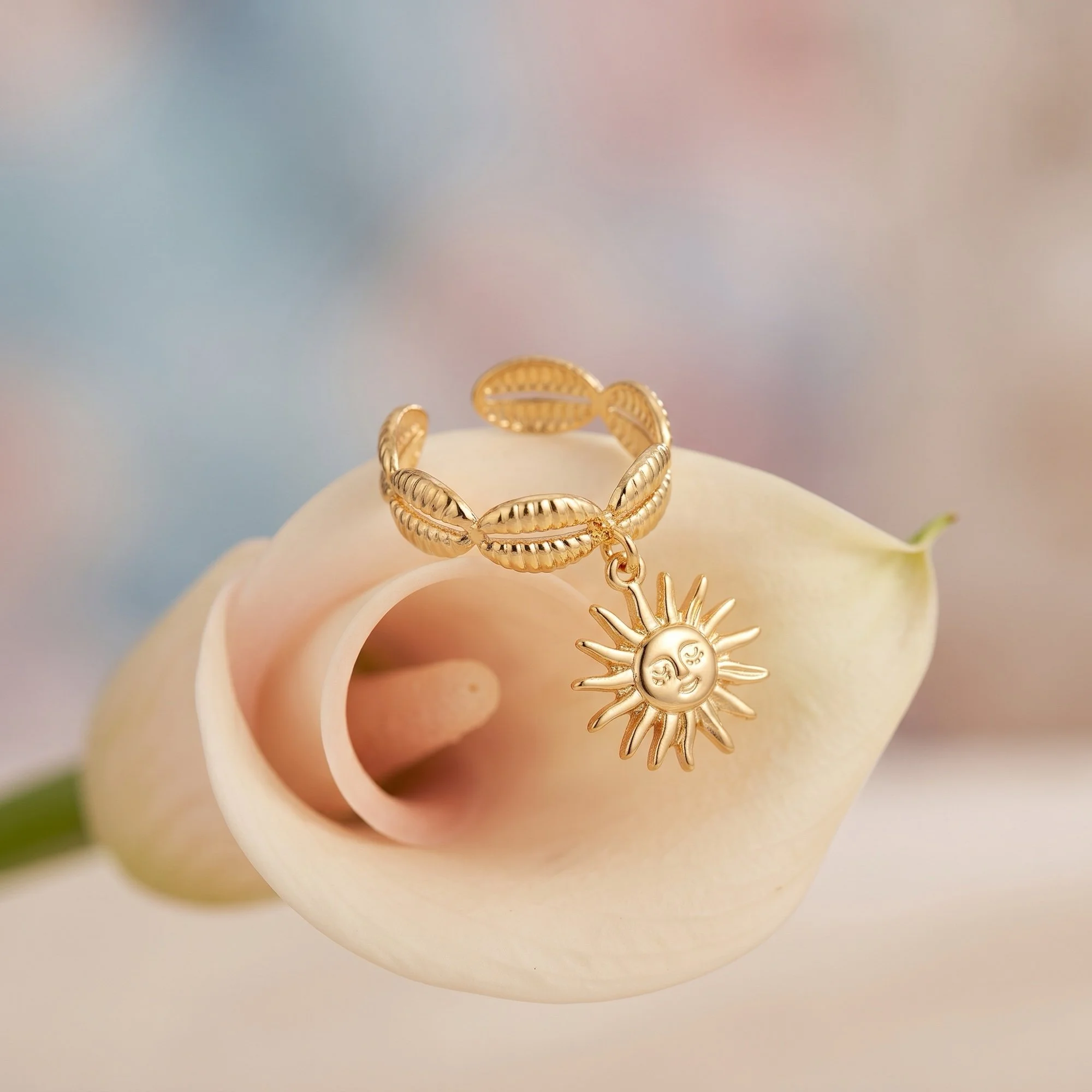 Gold Shell Band Ring with Sun Charm, Adjustable
