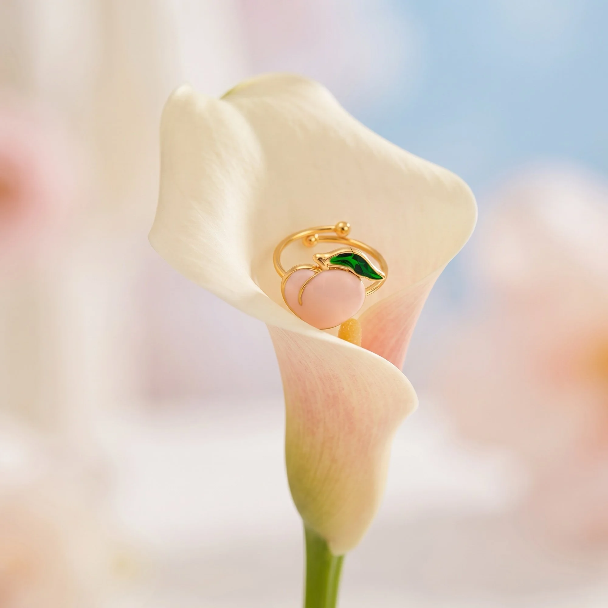 Gold Peach Enamel Ring, Adjustable