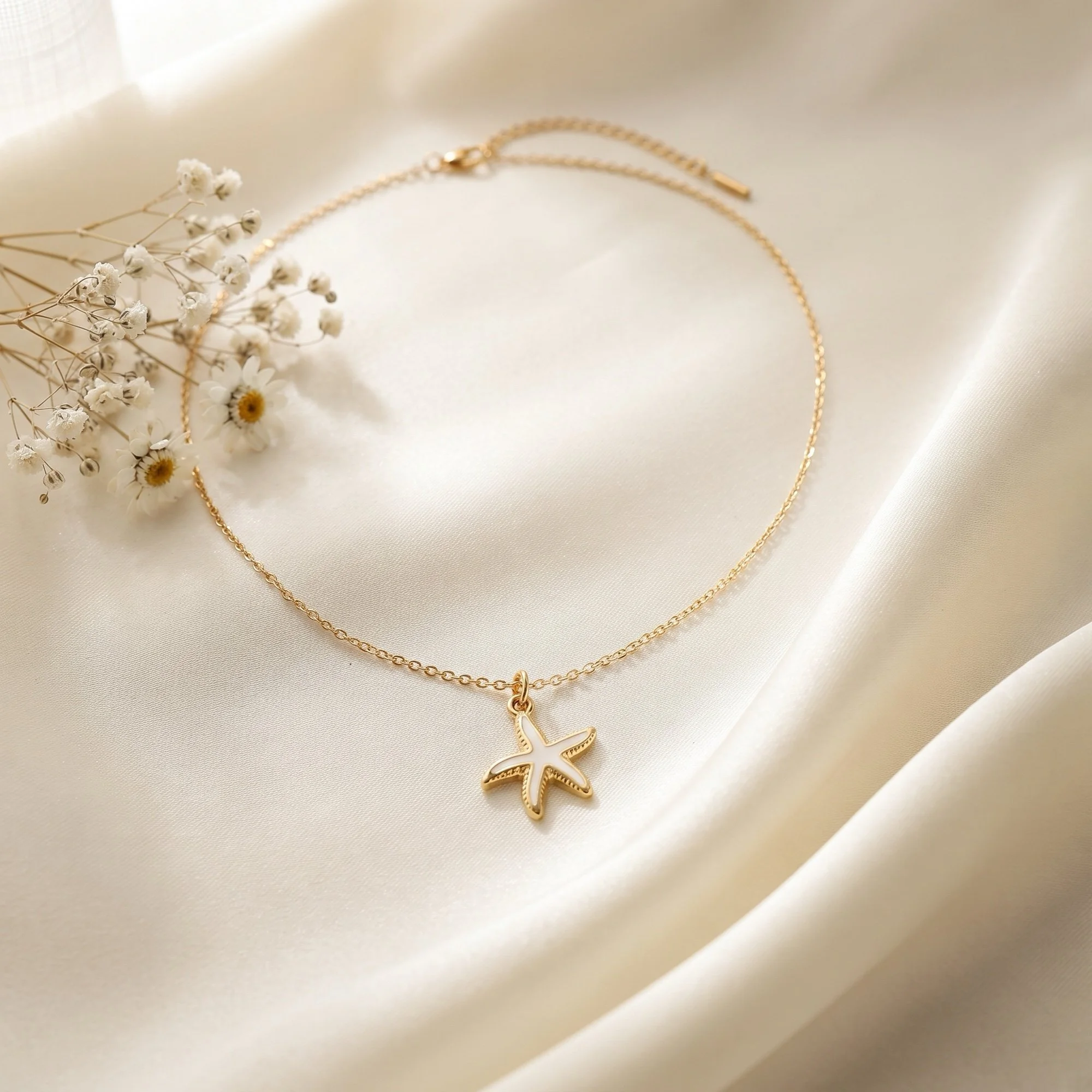 Gold and White Enamel Starfish Pendant Necklace