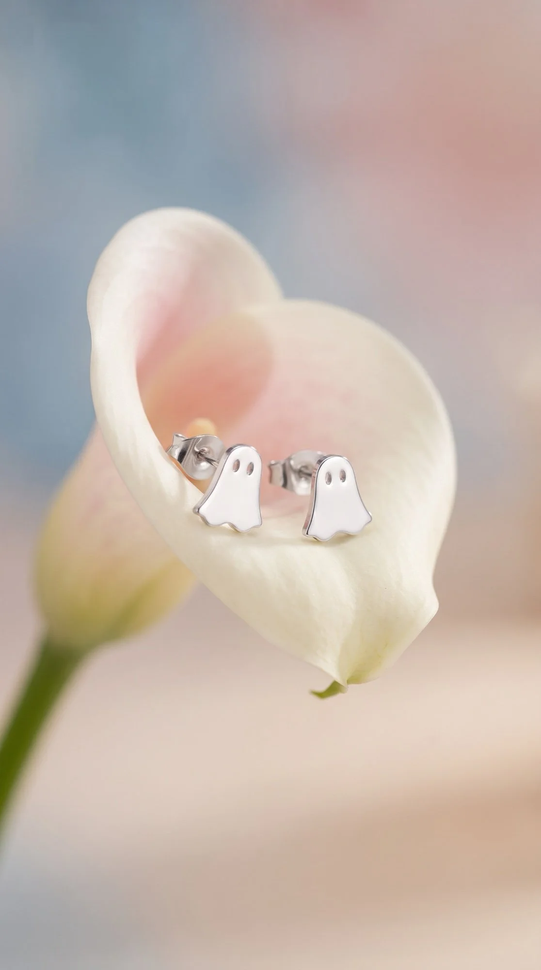 Silver Tone Ghost Stud Earrings