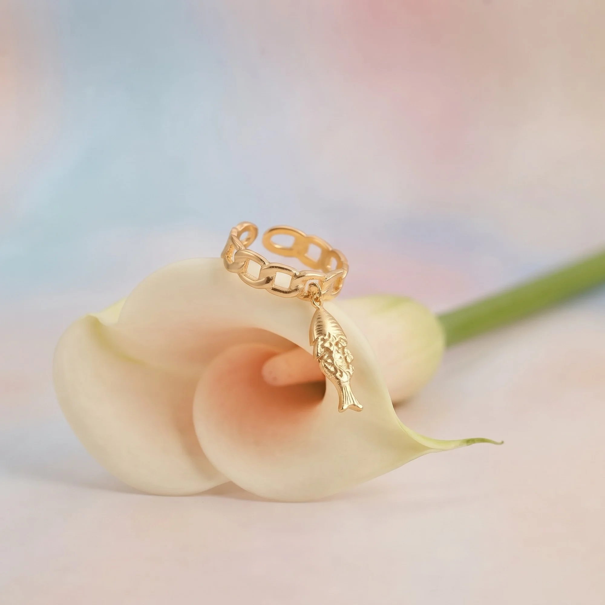 Gold Chain Link Ring with Fish Charm, Adjustable