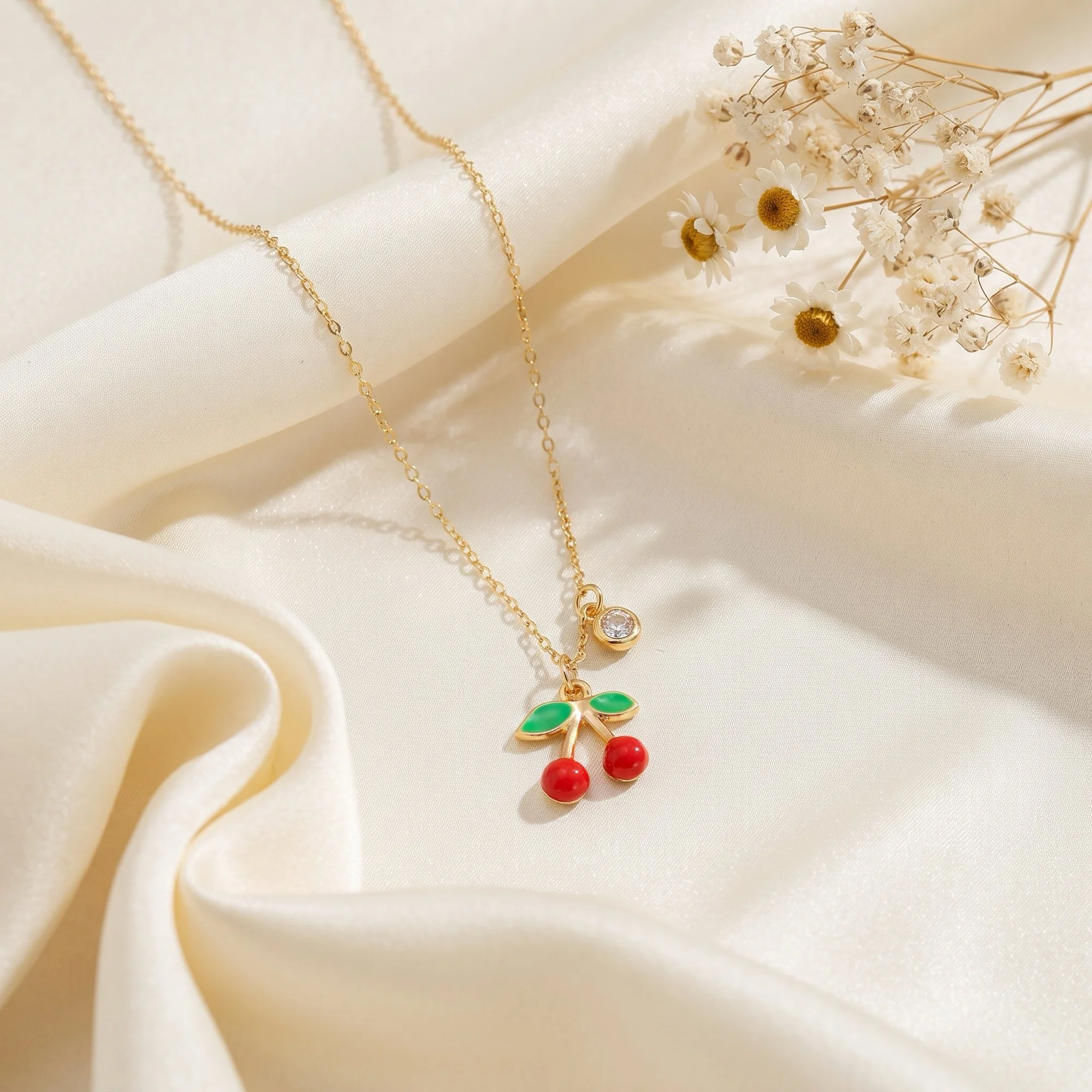 Gold Cherry Pendant Necklace with Cubic Zirconia
