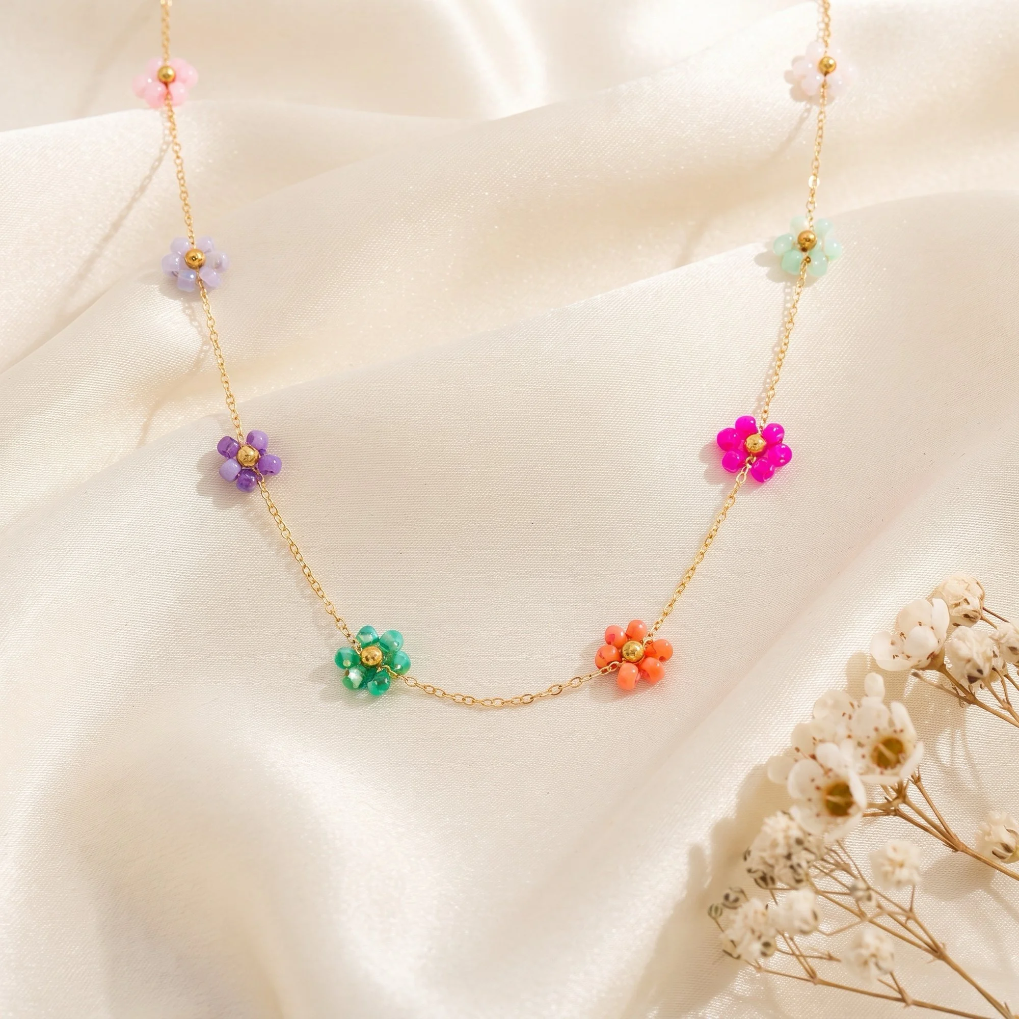 Gold Necklace with Colorful Beaded Daisy Flowers