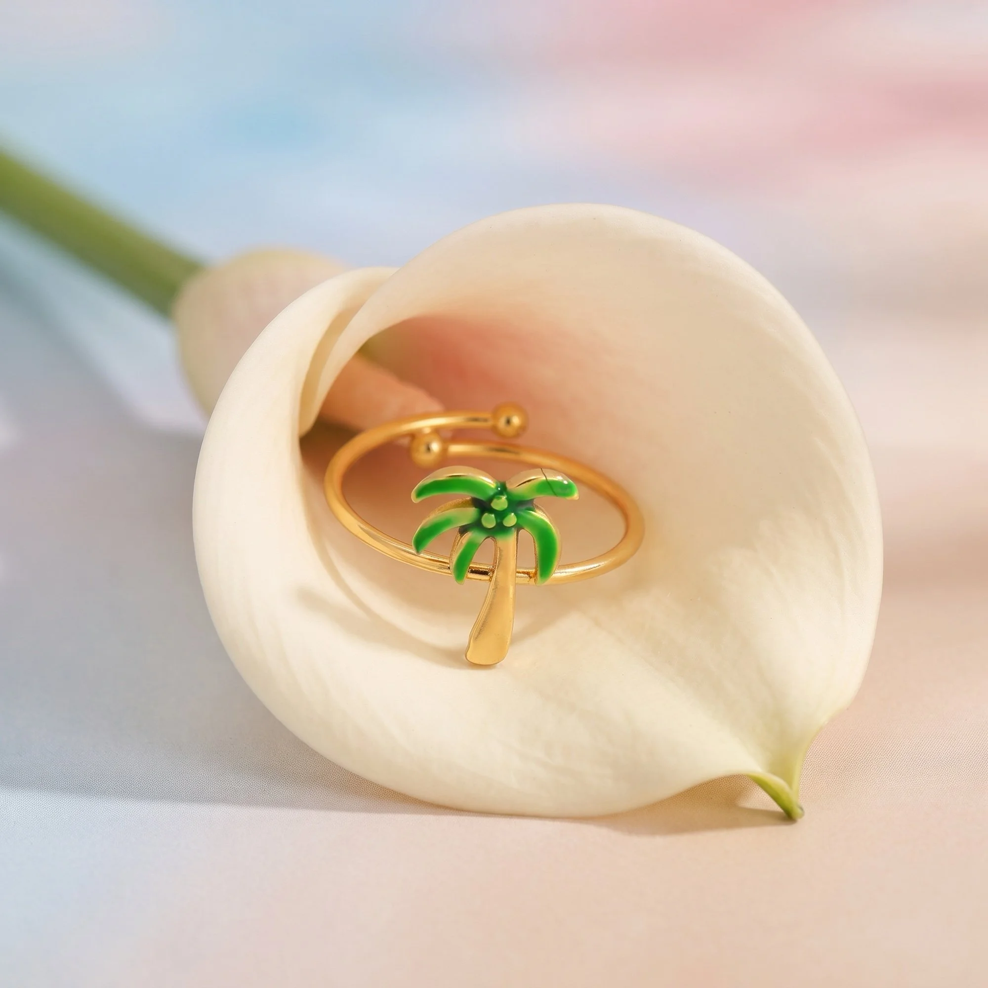 Gold Palm Tree Enamel Ring, Adjustable