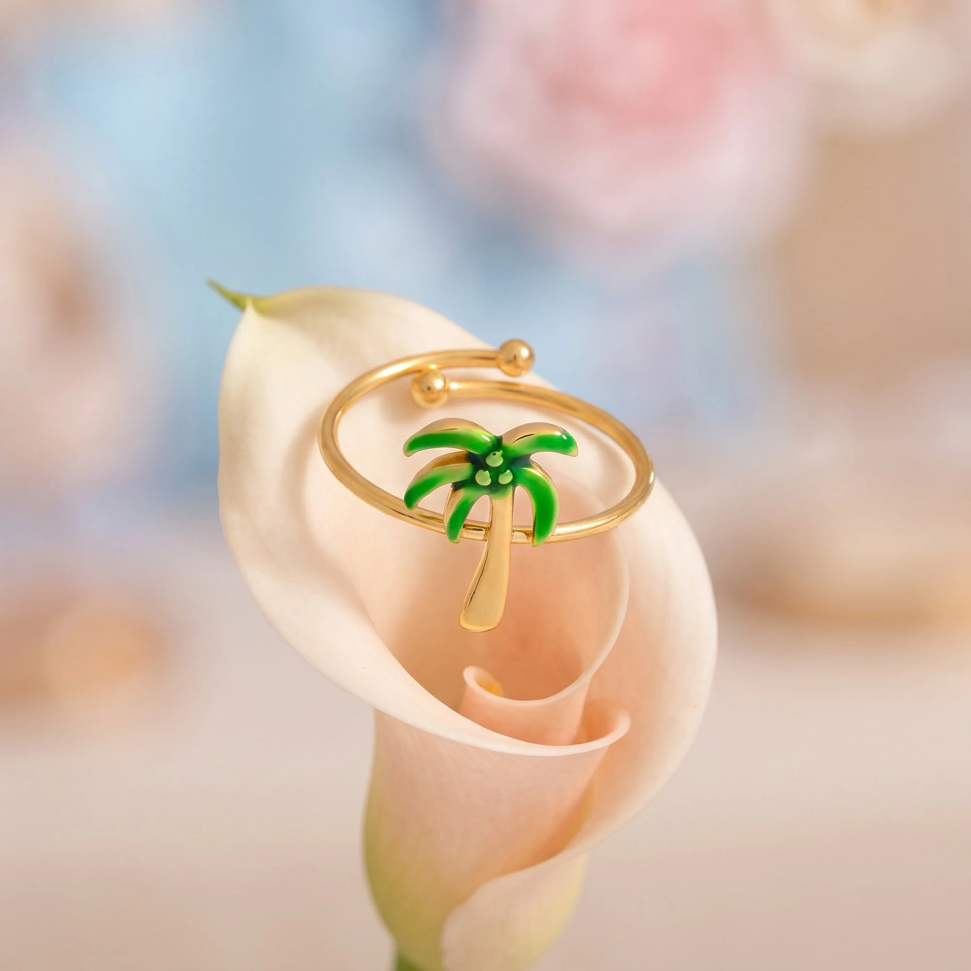 Gold Palm Tree Enamel Ring, Adjustable