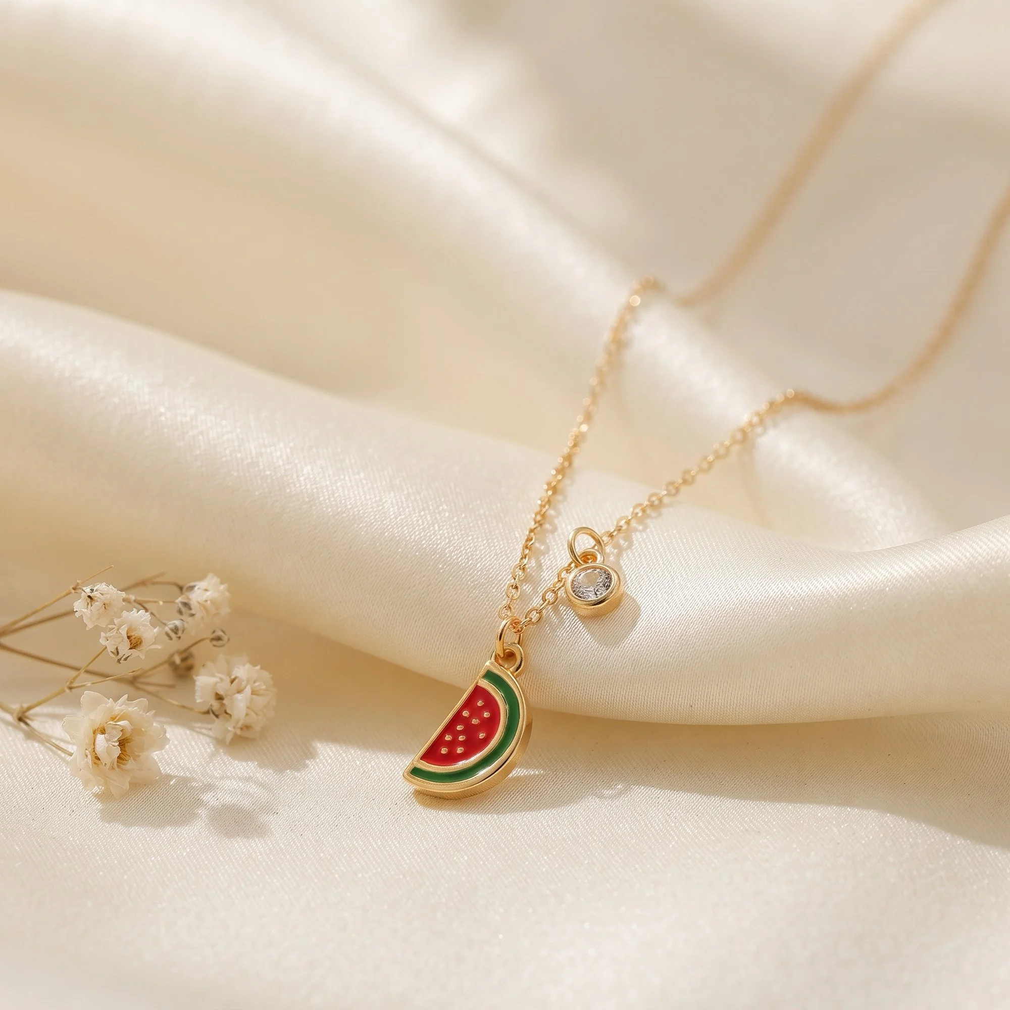 Gold Watermelon Slice Pendant Necklace with Cubic Zirconia
