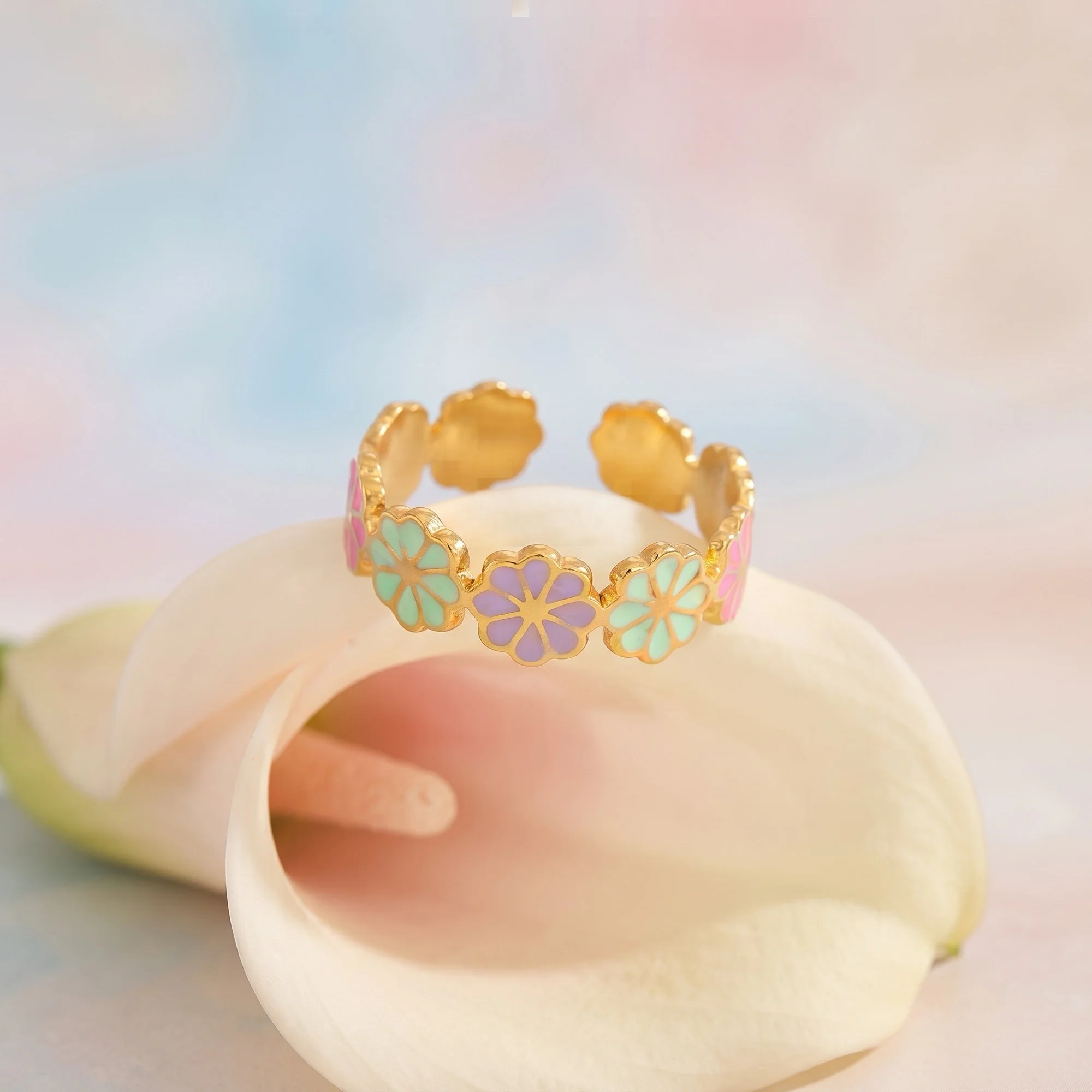 Gold Pastel Enamel Daisy Band Ring, Adjustable