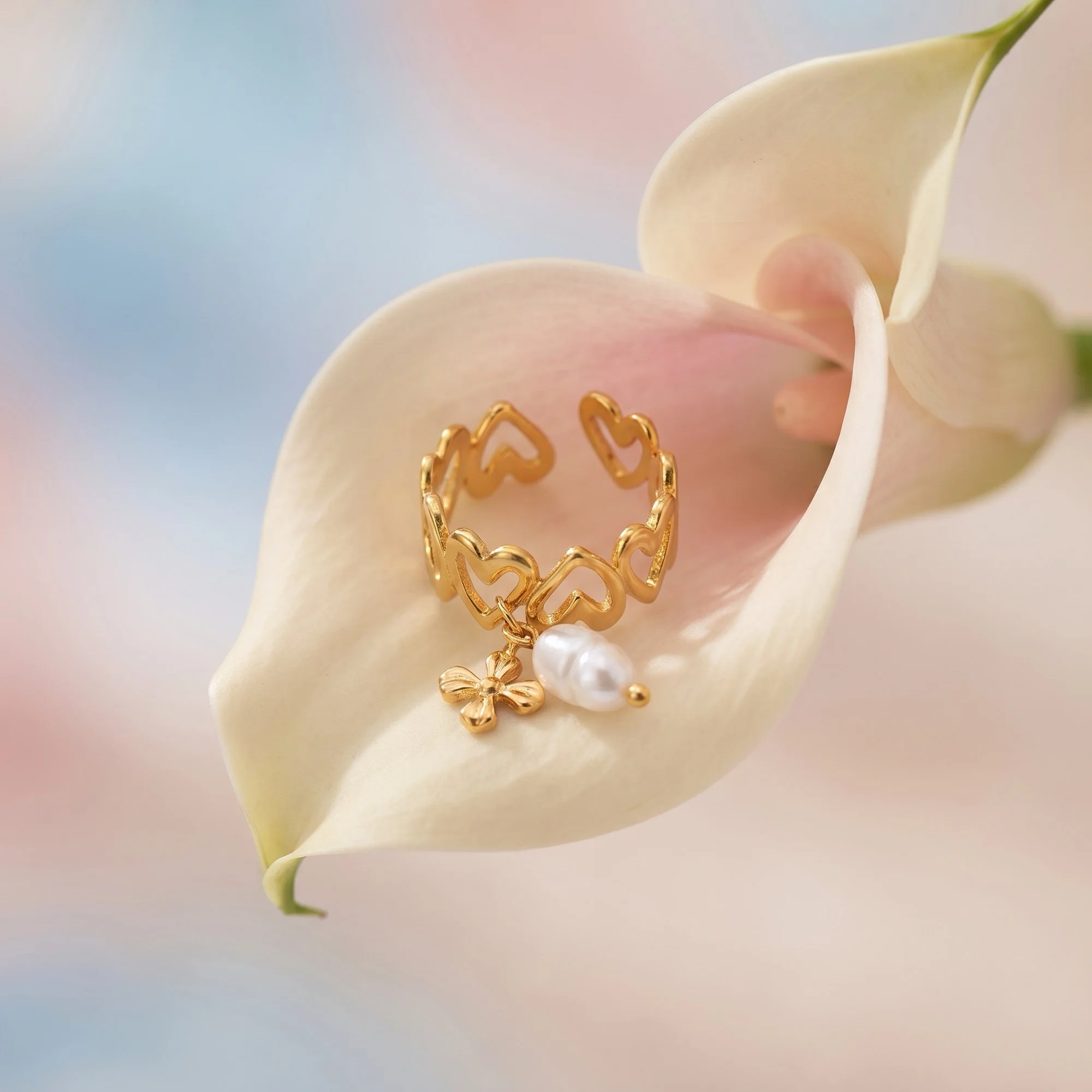 Gold Open Hearts Ring with Glass Pearl Drop, Adjustable