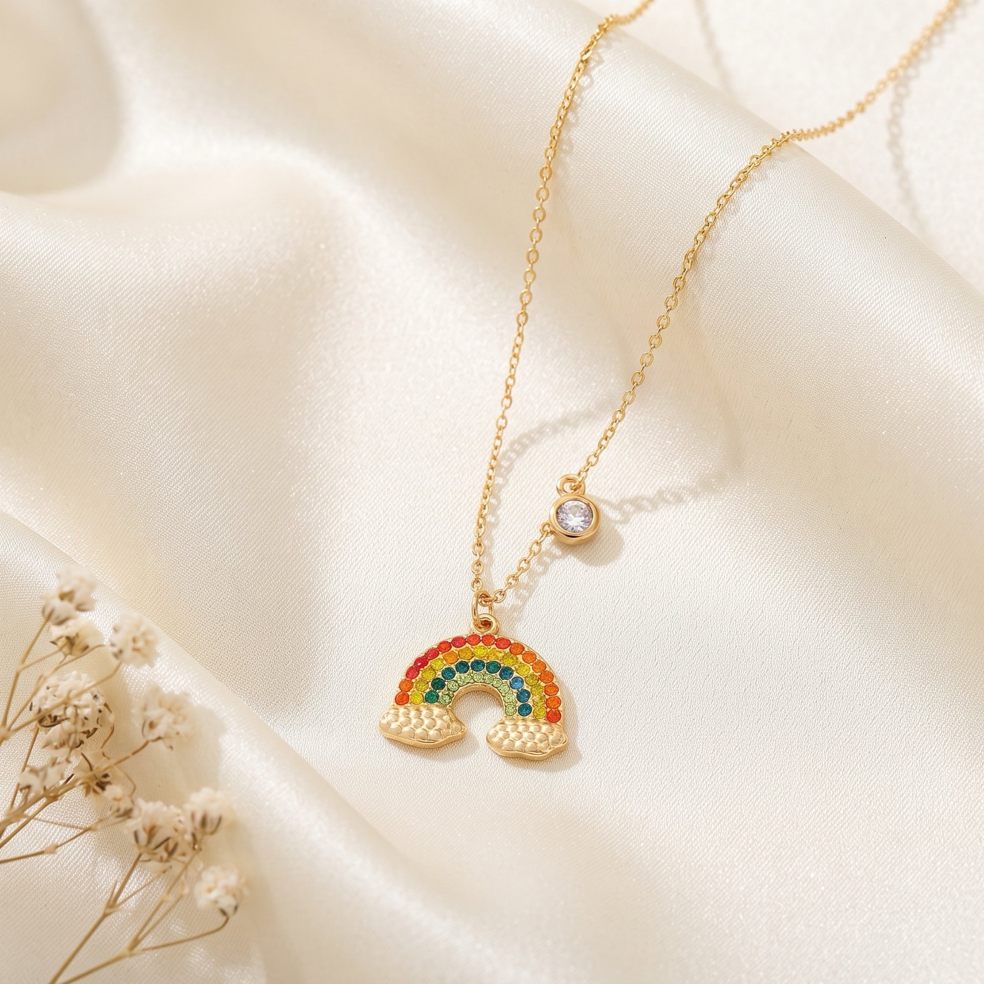 Gold Enamel Rainbow Pendant Necklace with Cubic Zirconia