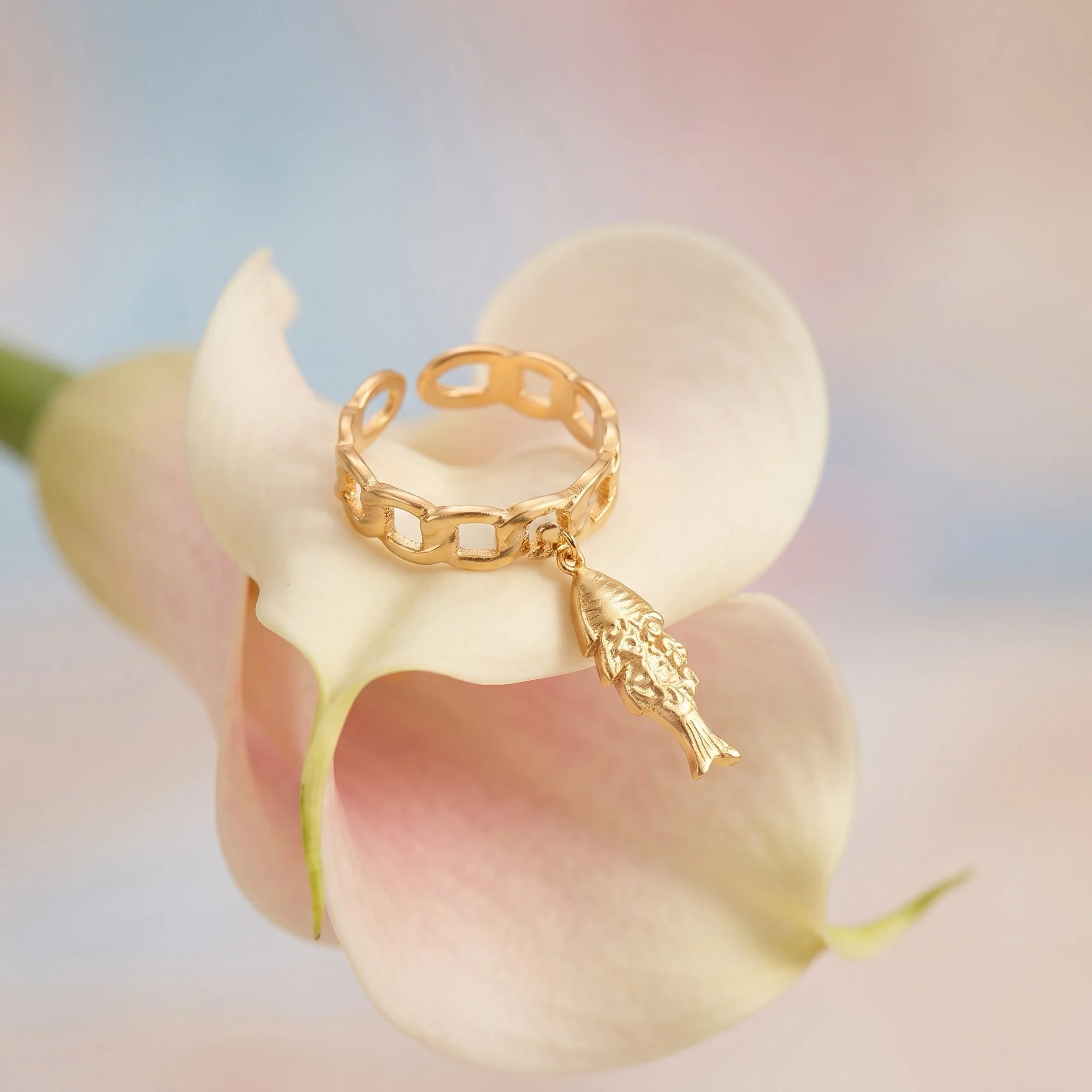 Gold Chain Link Ring with Fish Charm, Adjustable