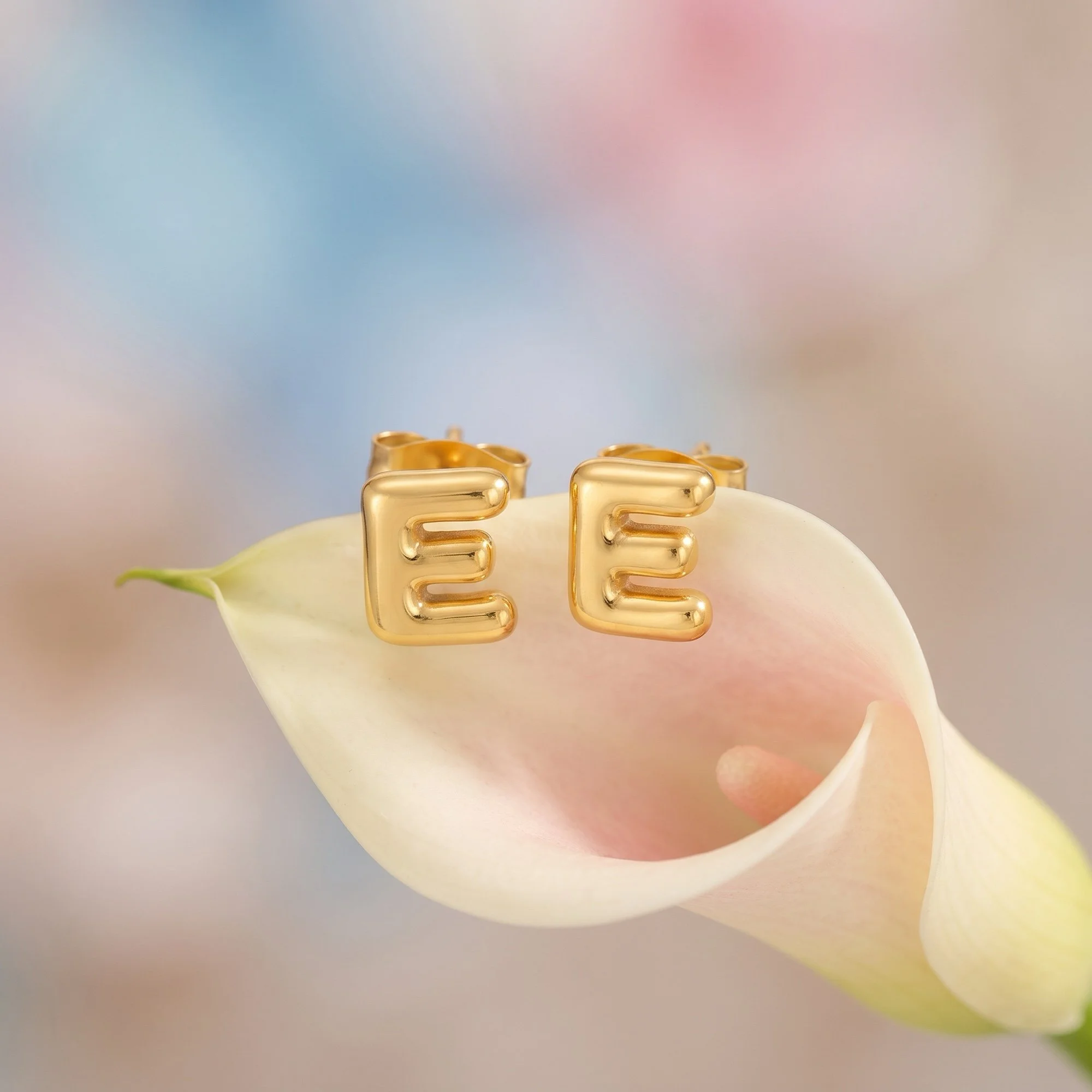 Gold Balloon Letter E Initial Stud Earrings