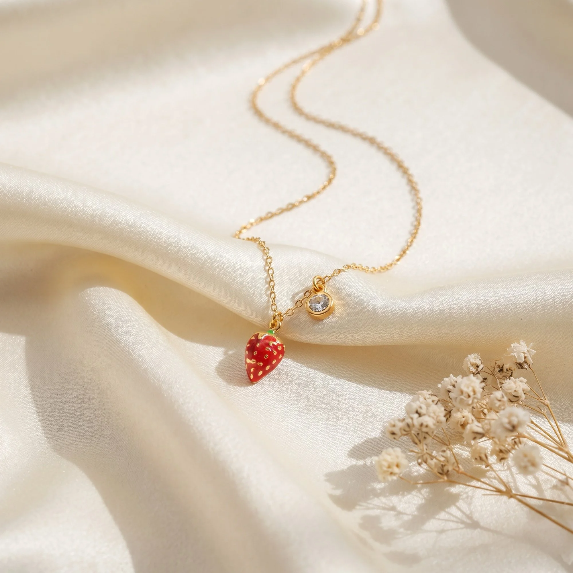 Gold Strawberry Pendant Necklace with Cubic Zirconia