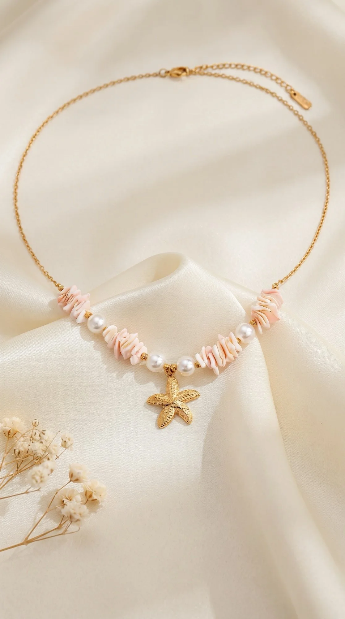 Gold Necklace with Pink Shell Chips, Glass Pearls and Starfish