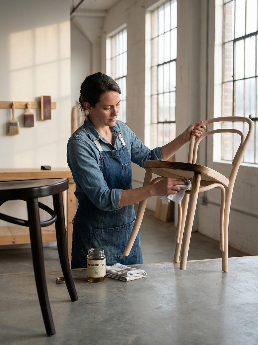 Woman finishing a woodworking project in a workshop, cleaning or polishing a wooden chair with a cloth, with tools and supplies on the table.