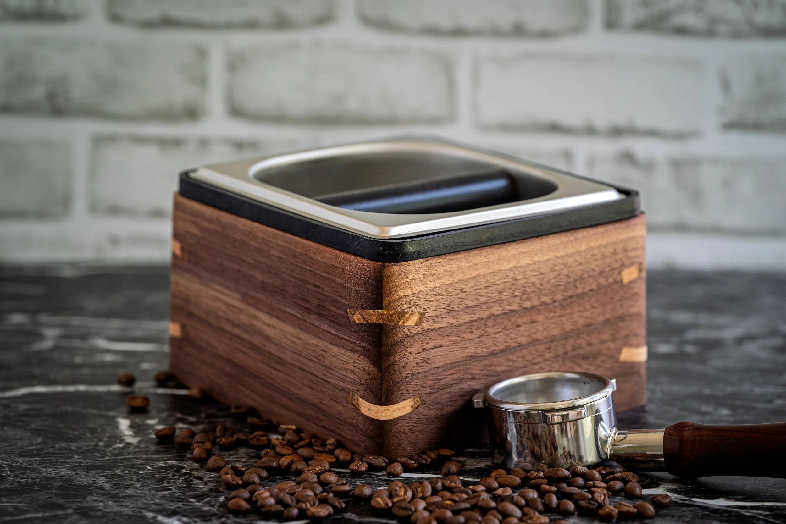 Walnut Espresso Knock Box With Maple Splines
