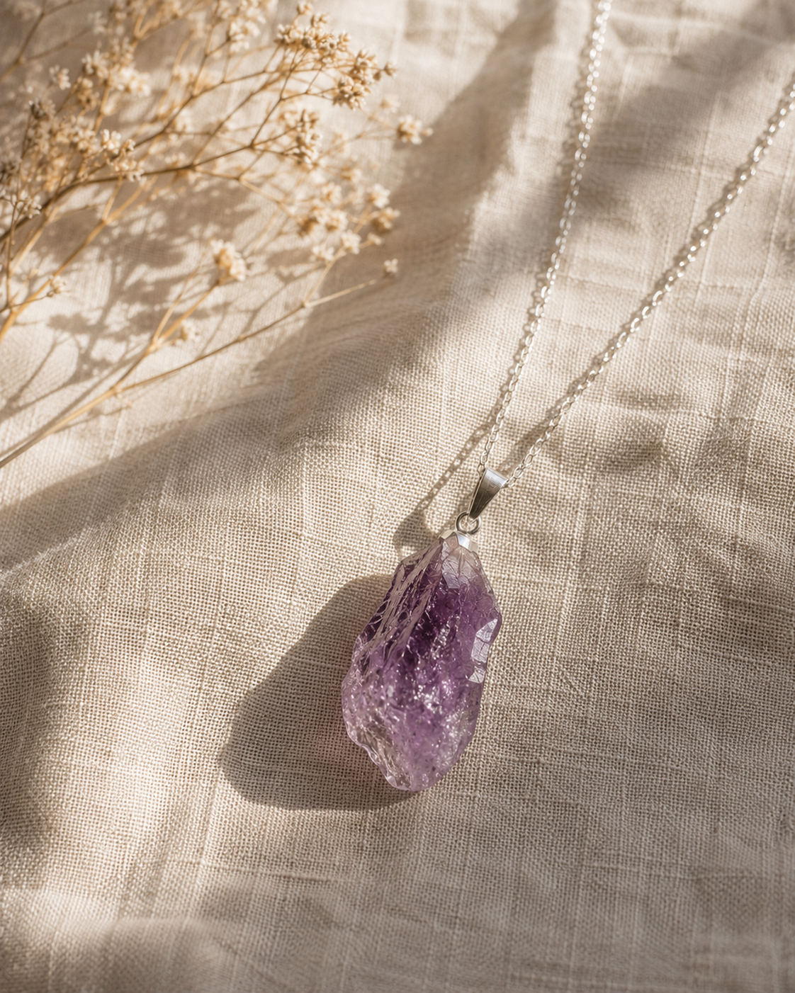 A silver chain necklace with a large purple amethyst pendant resting on beige fabric, with a sprig of dried white flowers nearby.