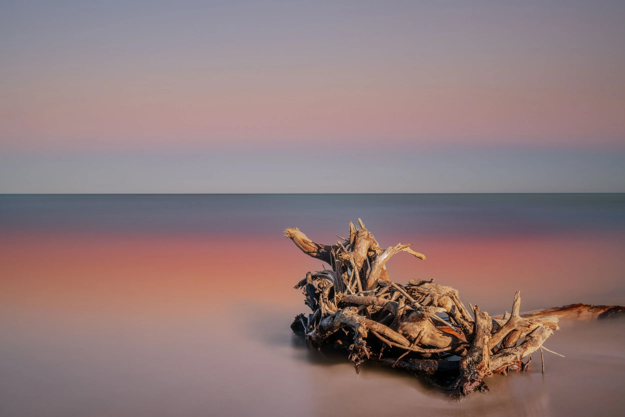 A driftwood log on the sandy beach with a pastel-colored cloudy sky and calm ocean in the background, during sunset or sunrise.
