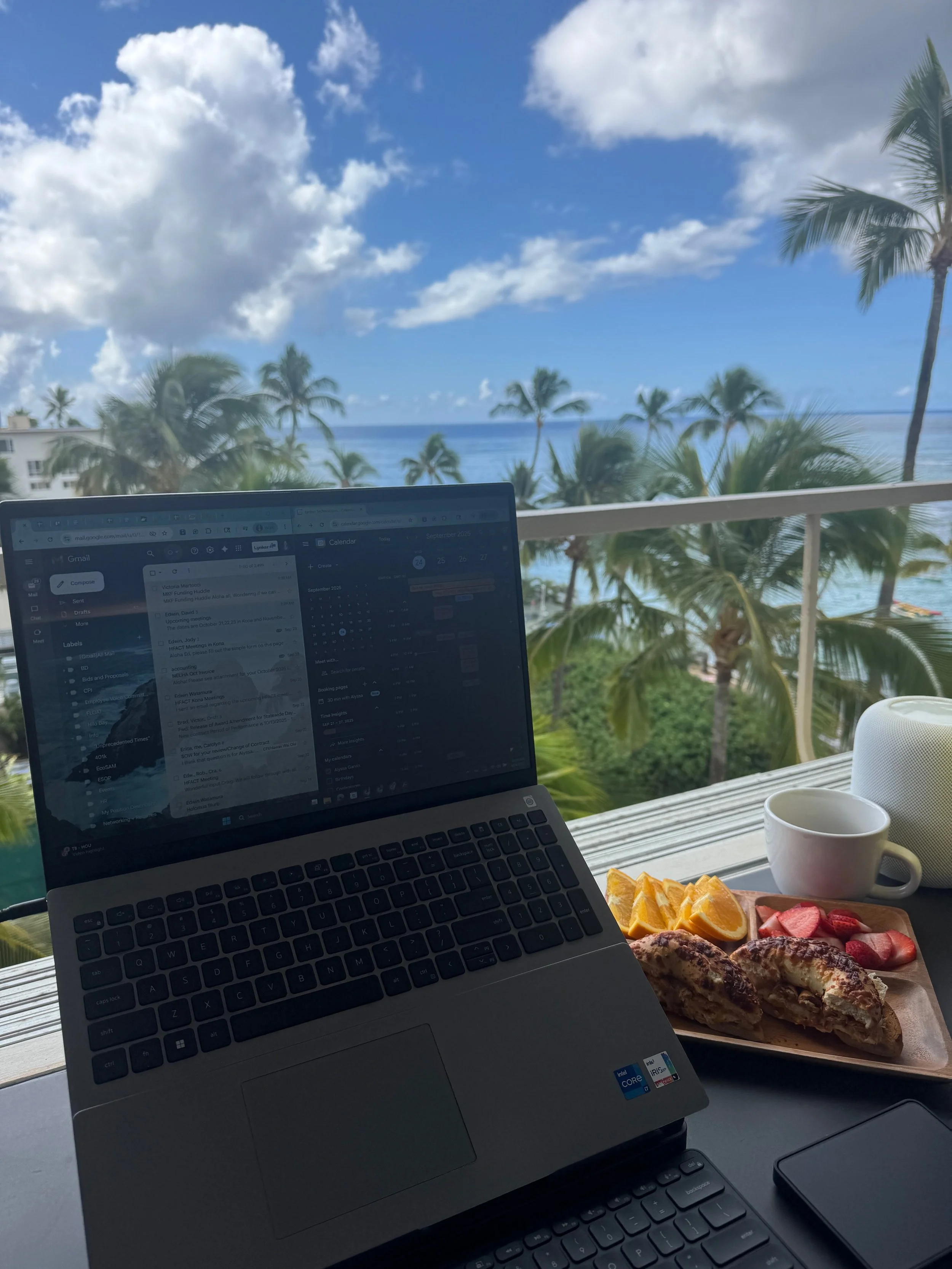 Laptop on a desk with a view of a tropical beach and palm trees outside. There is a plate with assorted pastries, sliced fruit, and a mug of coffee next to the laptop.
