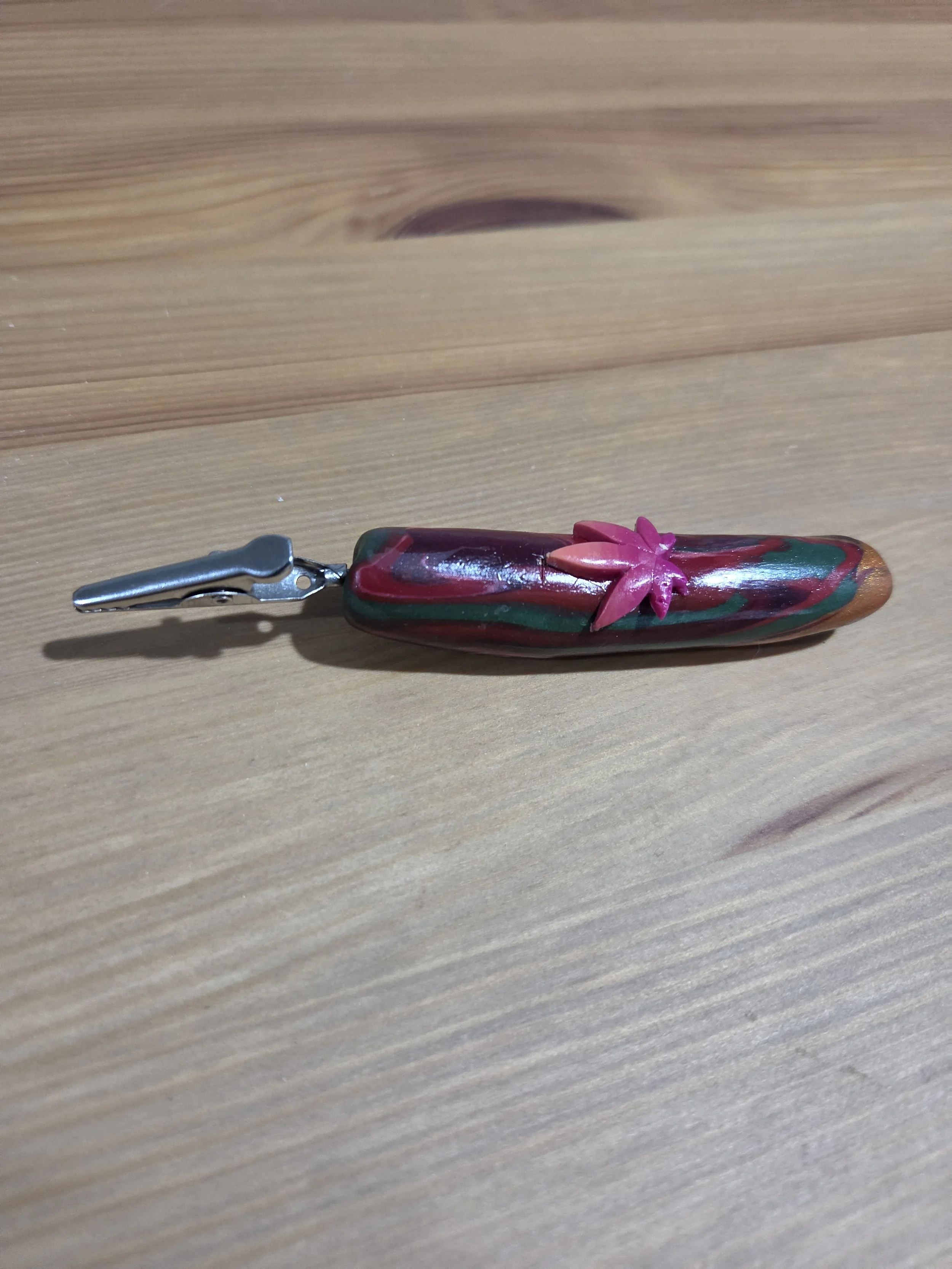 Handcrafted Zombie Finger Alligator Clip with Pink Leaf