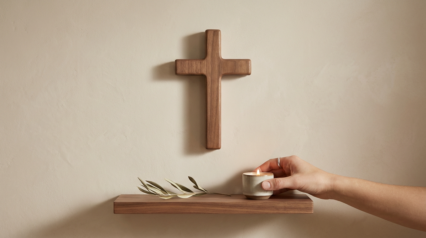 A hand lighting a candle on a wooden shelf with a decorative branch, against a beige wall with a wooden cross hanging above.