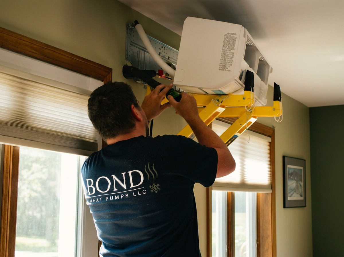 owner, kevin bond, installing a ductless, indoor Fujitsu heat pump. Connecting all items to the Fujtisu system.