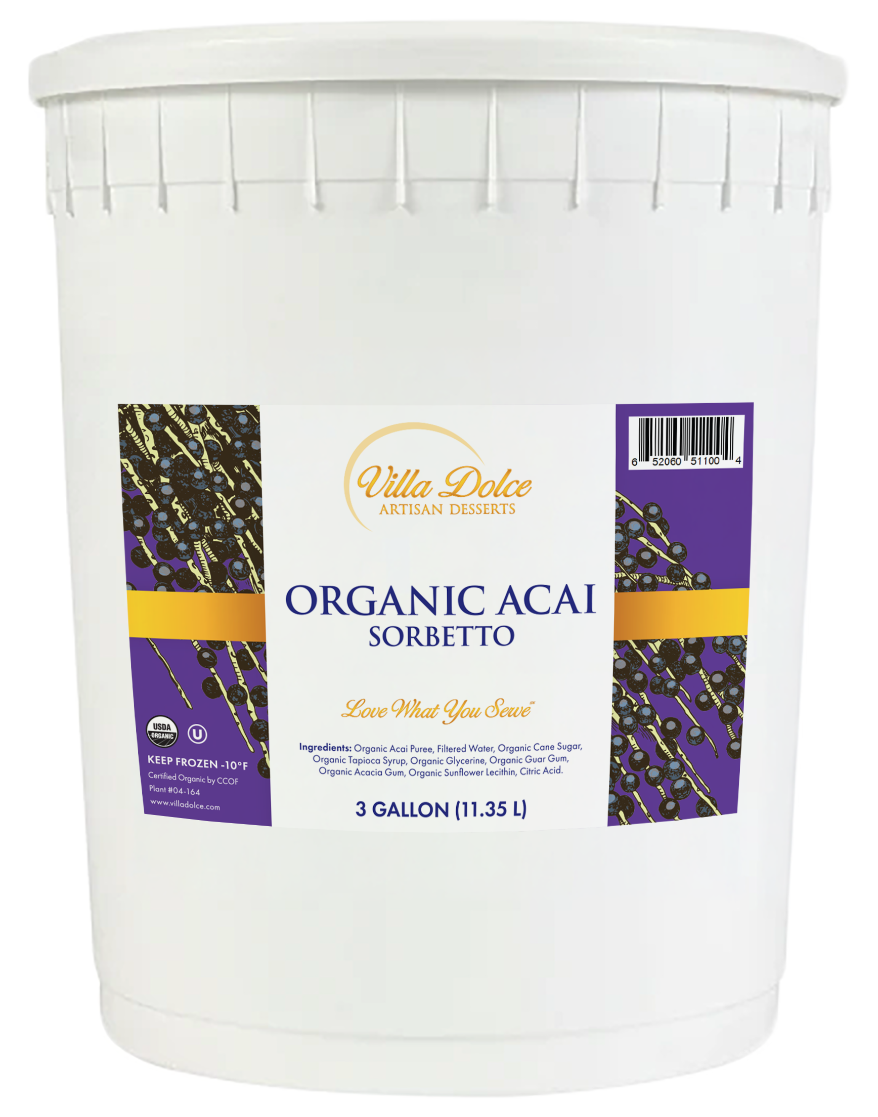 A 3-gallon container of Villa Dolce Organic Acai Sorbetto with a white plastic lid. The label features purple and gold accents with an illustration of acai berries. The label states it is organic, vegan, and to keep frozen at -10°F.