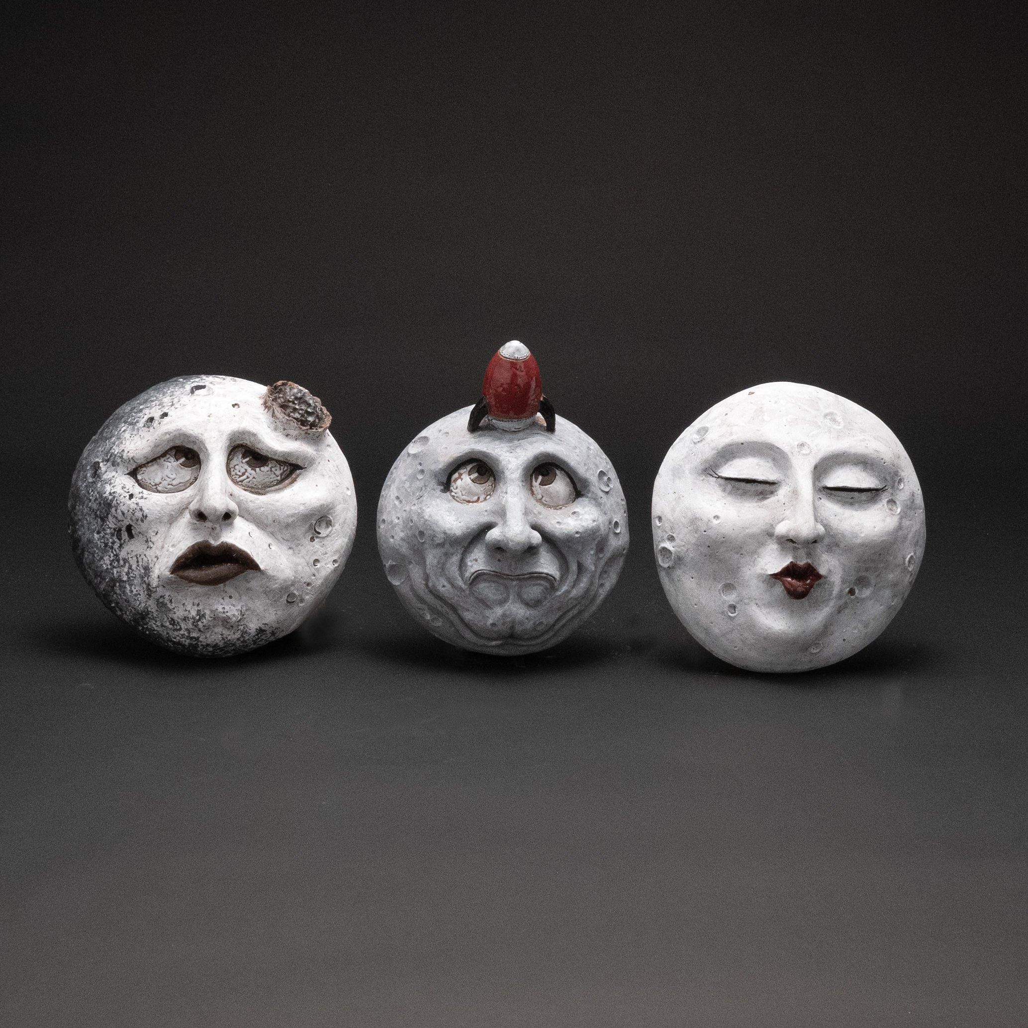 Whimsical Garden Art.  Trio of Moon Faces