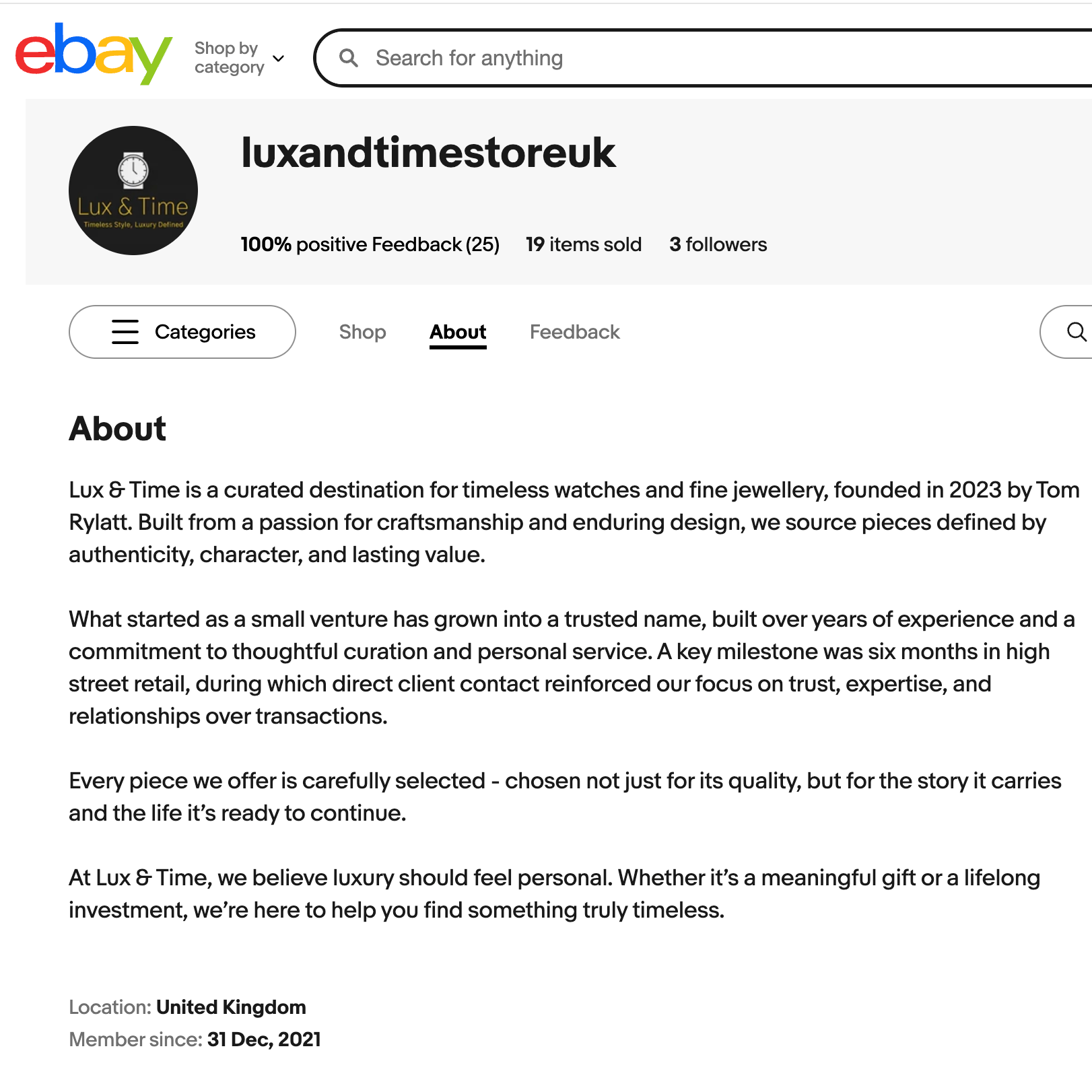 eBay page showing Lux & Time store's 'About' section, with store logo featuring a watch, store name, positive feedback, items sold, followers, and detailed description of the store's mission and history.