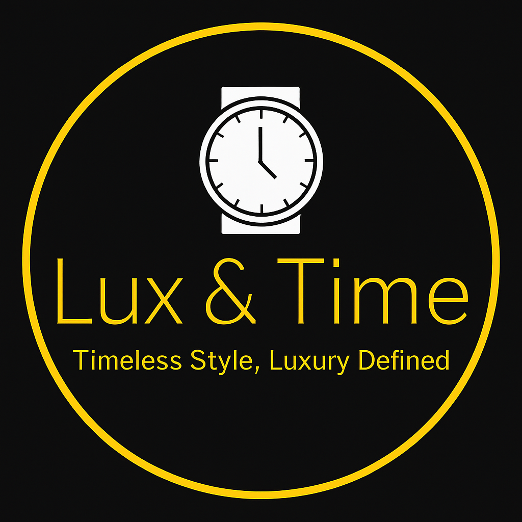 Logo for Lux & Time featuring a white wristwatch icon and the tagline "Timeless Style, Luxury Defined" in yellow text on a black background, enclosed in a yellow circle.