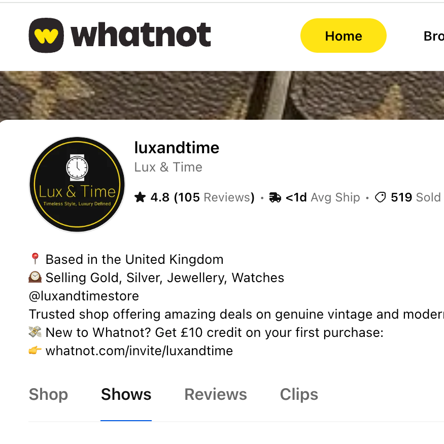 Screenshot of the Whatnot app showcasing the Lux & Time store selling vintage gold, silver, jewelry, and watches, with a 4.8-star rating based on 105 reviews.