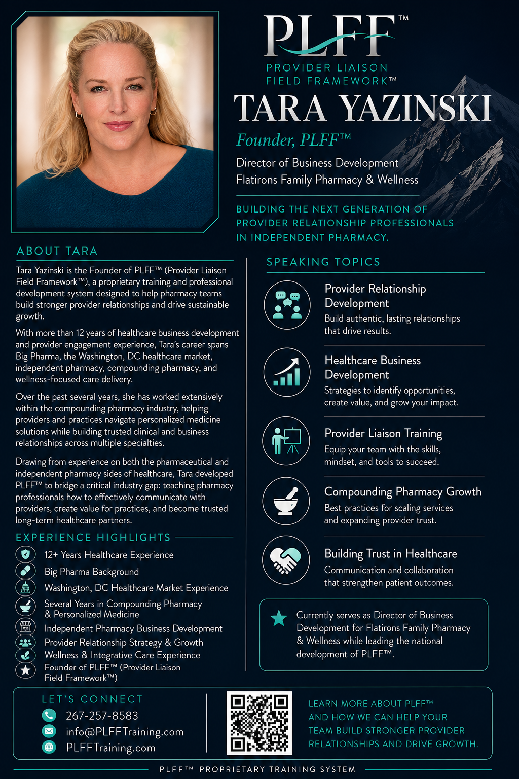 A professional biography and promotional poster featuring Tara Yazinski, founder of PLFF. The poster includes her photo, credentials, experience highlights, and information about her speaking topics related to healthcare business development, provider relationships, and pharmacy growth.