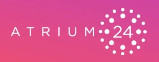 Atrium 24 logo with pink gradient background and circular design made of white dots.