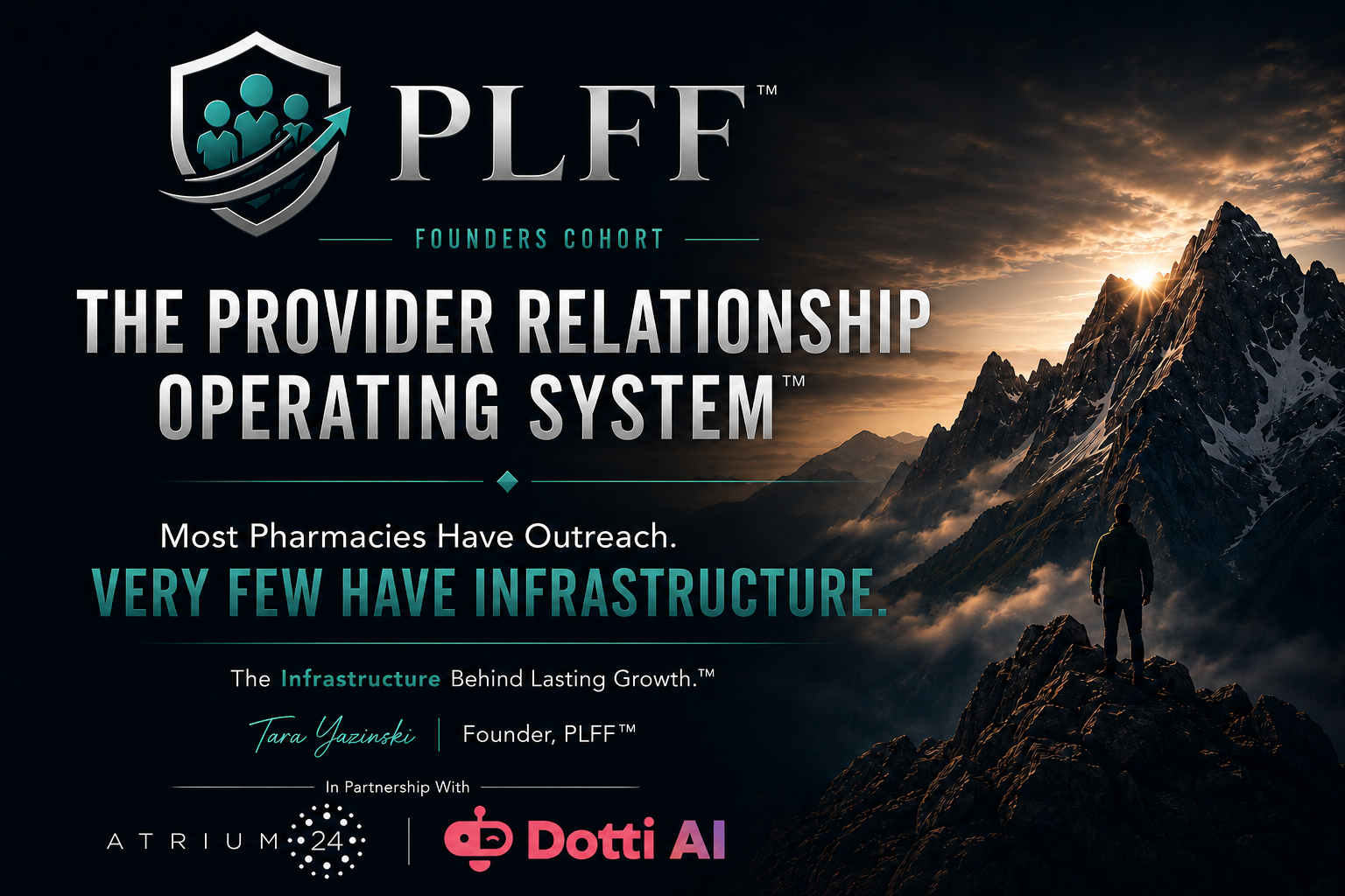 A person standing on rocky terrain, looking at a mountain range during sunset. Overlaid text about PLFF and its provider relationship operating system for pharmacies.