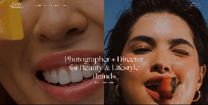 Close-up of two women, one smiling showing teeth, the other eating watermelon, with text overlay about photography and beauty brands.