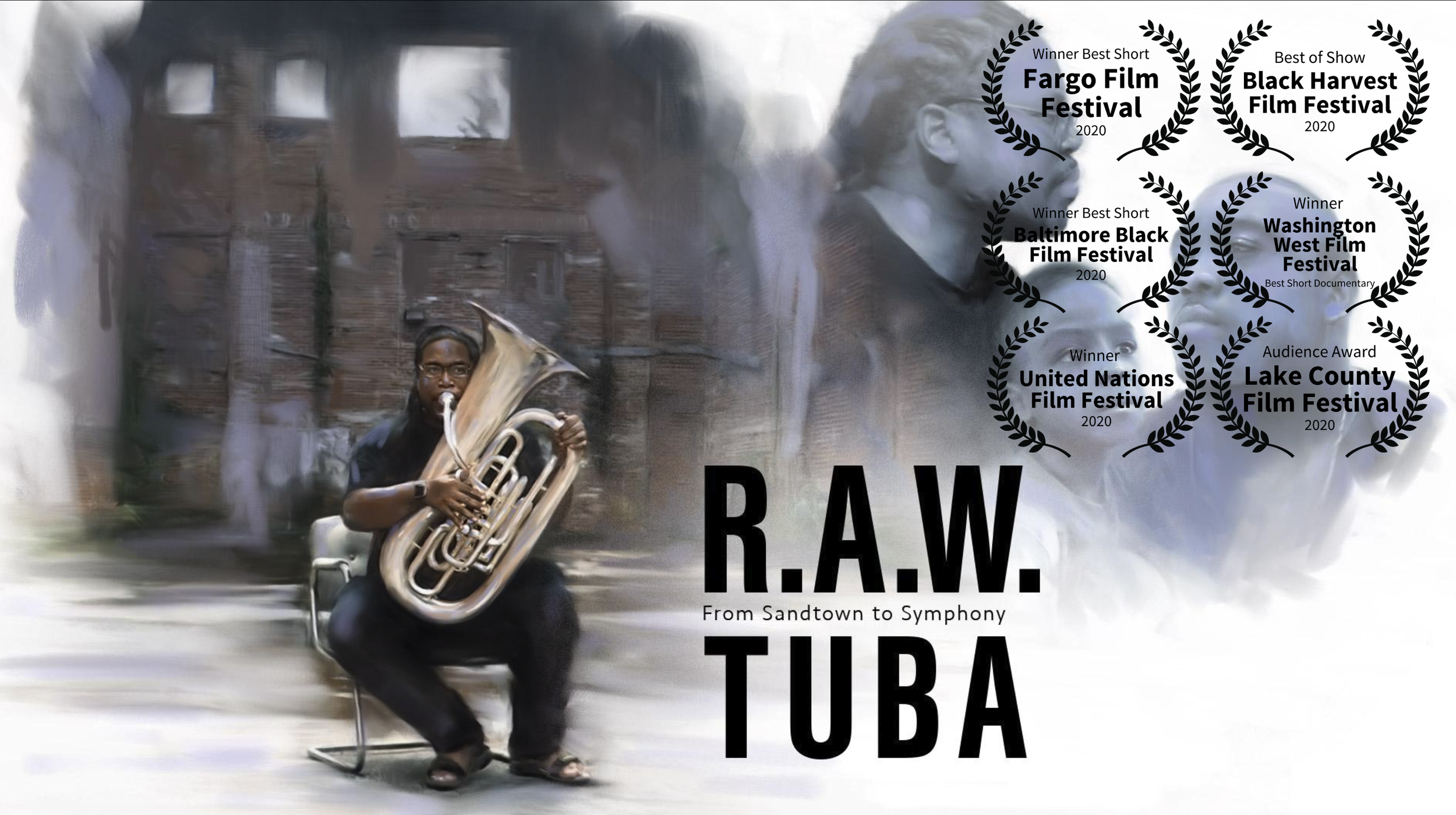 A person playing a tuba while sitting outdoors, with a background of a brick building and a blurred figure standing nearby. Overlaid on the image are various film festival award laurel wreaths from 2020, including Fargo Film Festival, Black Harvest Film Festival, Baltimore Black Film Festival, Washington West Film Festival, United Nations Film Festival, and Lake County Film Festival, for achievements like best short, best of show, winner, and audience award.